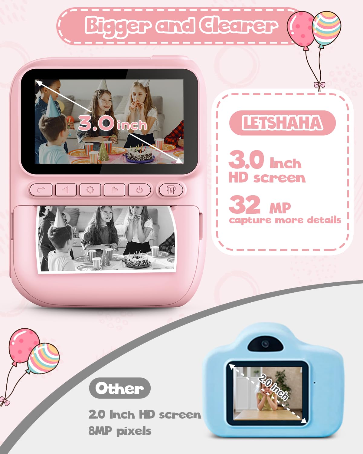 LETSHAHA Kids Instant Print Camera, 3.0-inch HD Screen 32MP Photo Instant Digital Camera Christmas Birthday Gifts Toys for Toddle Children Girls Boys Age 3-12 - Pink