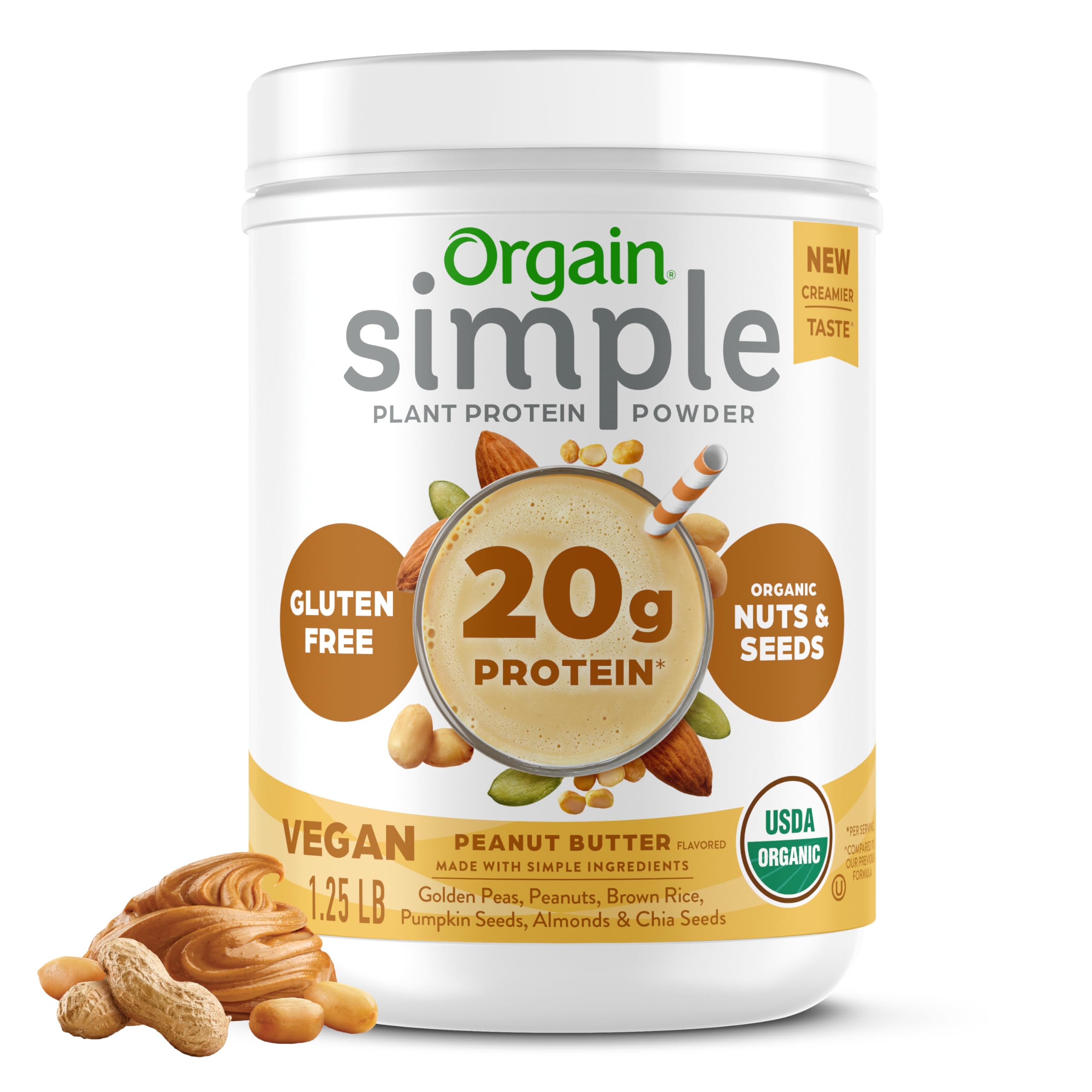 Orgain Organic Simple Vegan Protein Powder, Peanut Butter - 20g Plant Based Protein, With less Ingredients, No Artificial Sweeteners, Gluten Free, No Lactose Ingredients, 1.25 lb (Packaging May Vary)