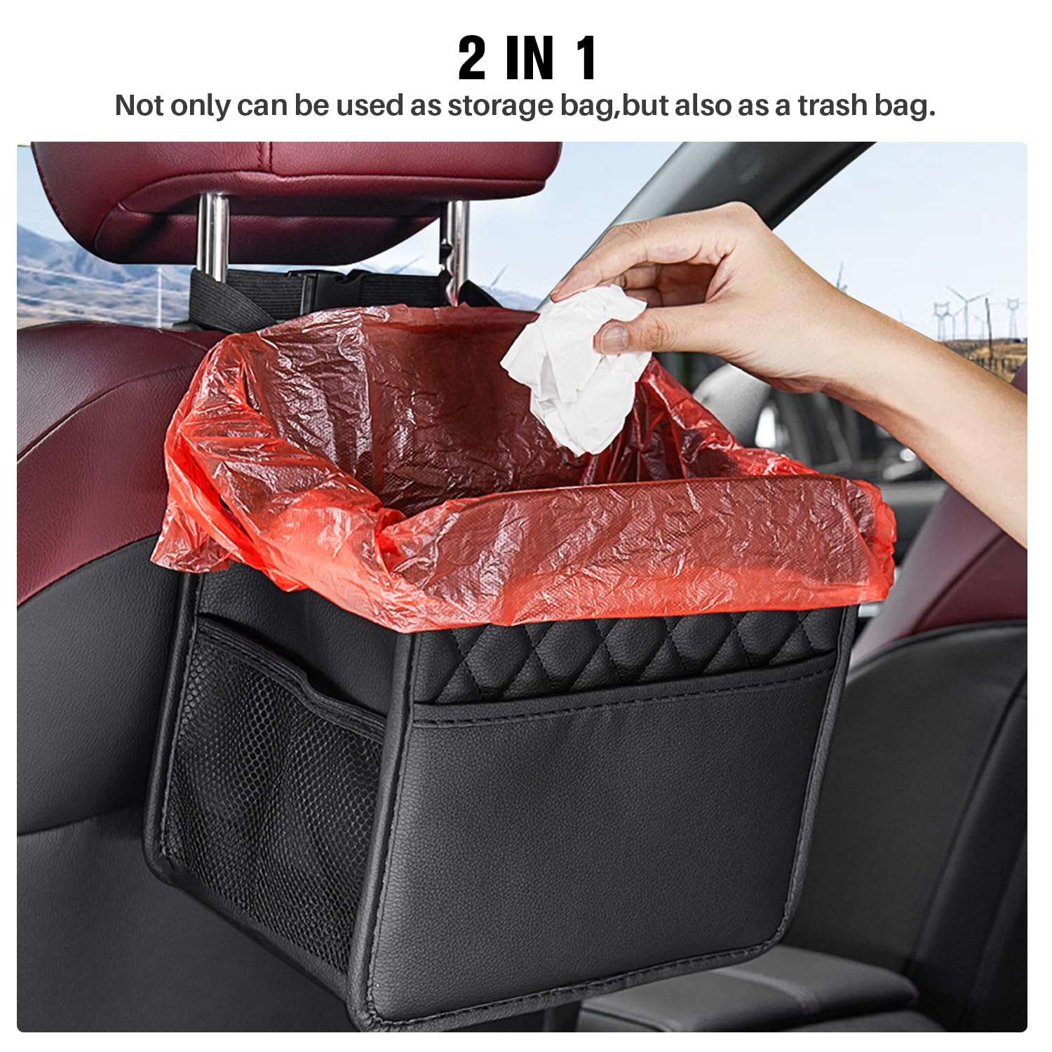 LXUNYI Car Organizer Back Seat, 2 Pack Waterproof Pu Leather Car Seat Storage Bag Large Foldable Universal Hanging Car Seat Back Organizer for Kids & Adults with Cup Holders Car Travel Accessories