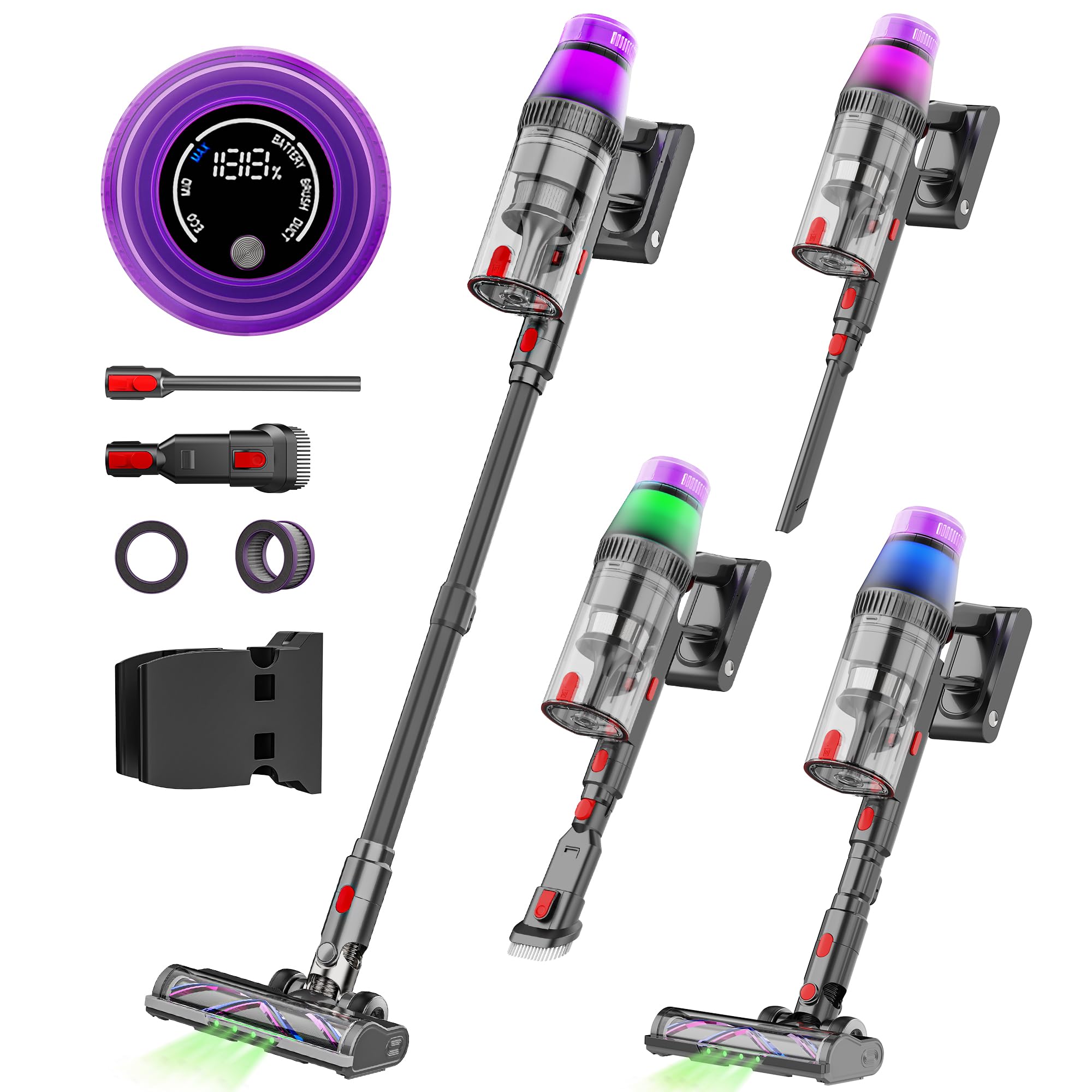 Cordless Vacuum Cleaner 500W/45Kpa, 3 Ambient Colors Power Modes with 60 Mins Max Runtime Vacuum, Powerful Suction Rechargeable Handheld Stick Vacuum for Home, Hard Floor, Carpet, Pet Hair, Shutters