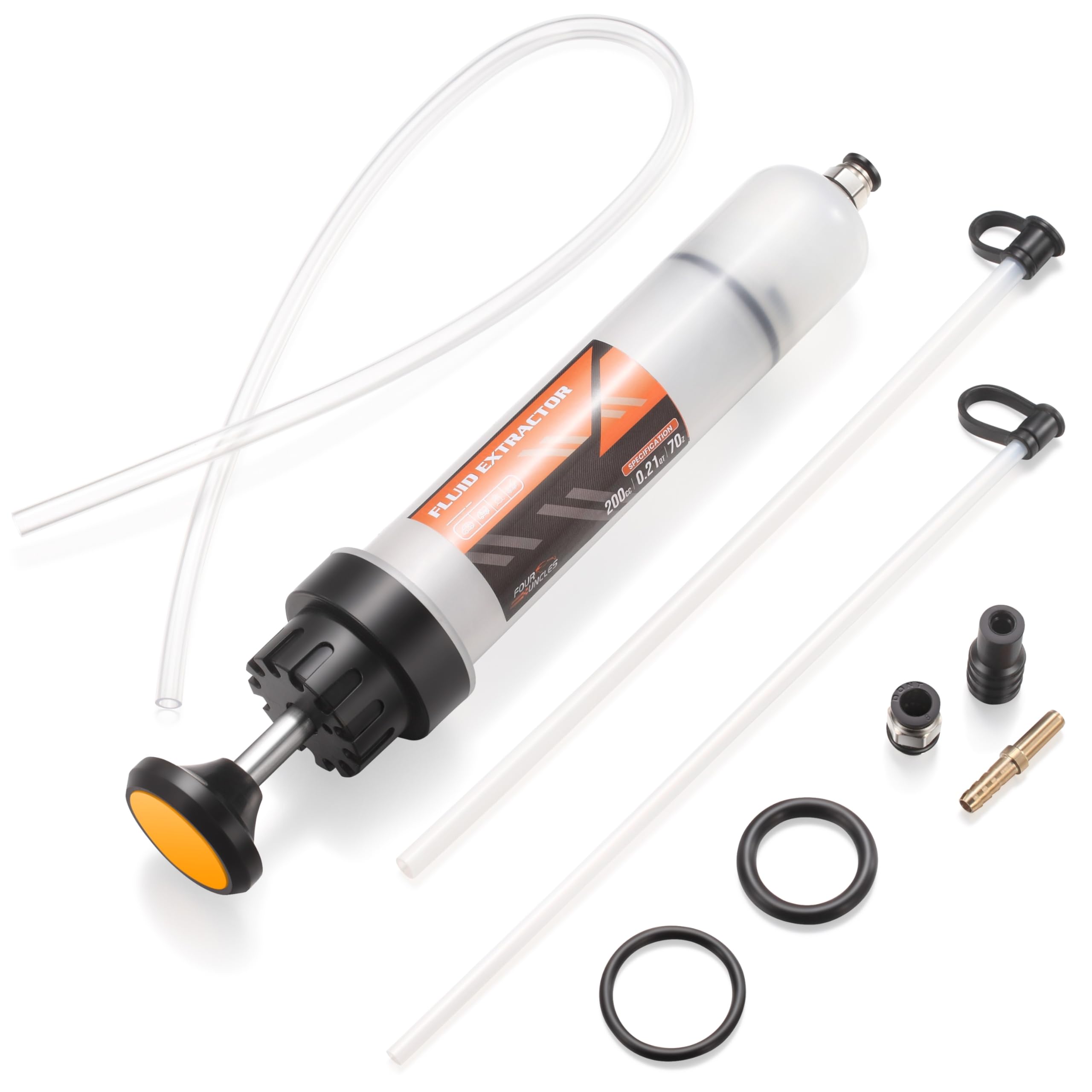 FOUR UNCLES 200cc Fluid Extractor, Extraction & Fill Pump, Oil Change Syringe with 23" Hose and Two 12" Tubes, Automotive Oil Syringe, Fluid Oil Change Evacuator