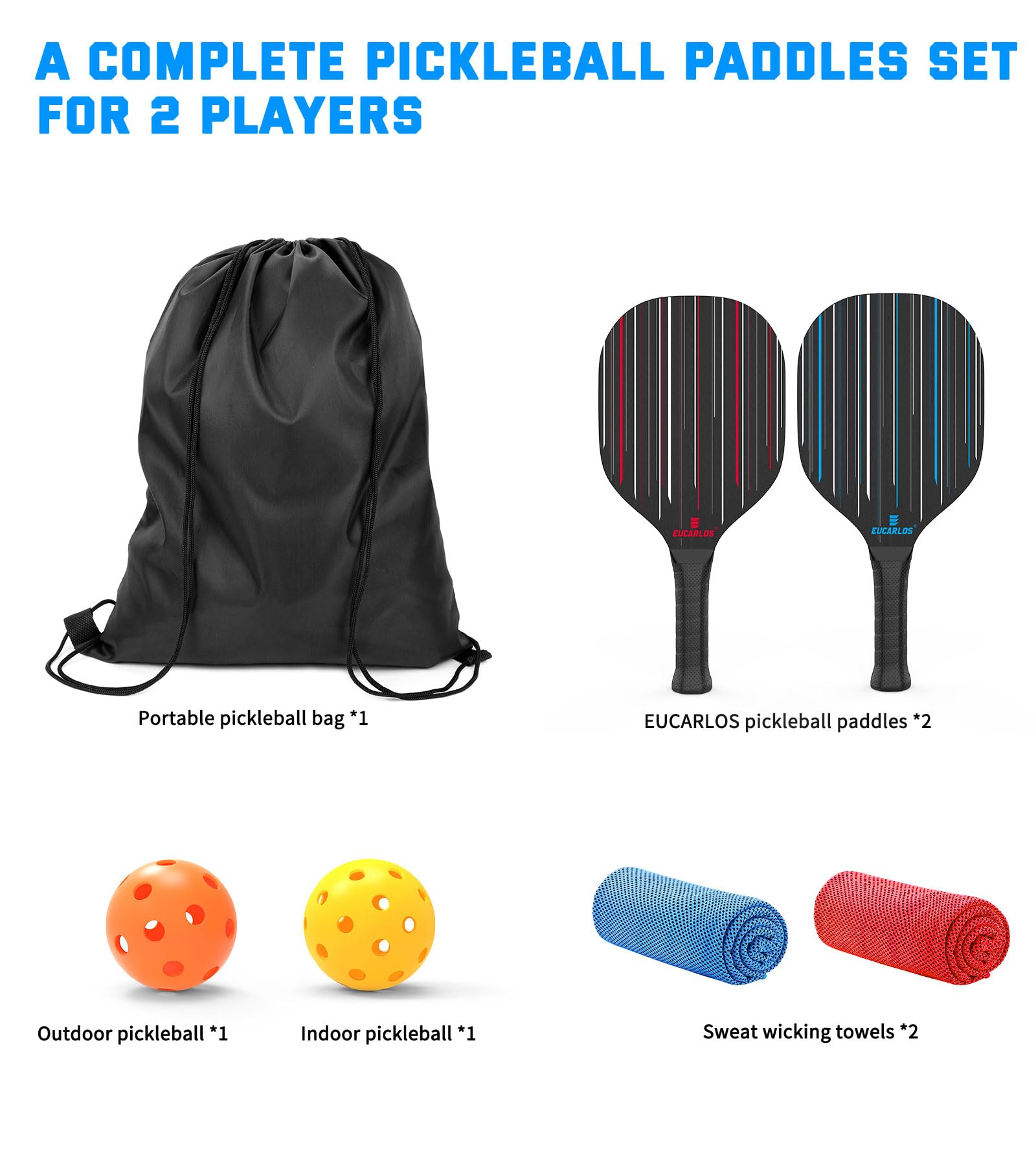 EUCARLOS Pickleball Paddles Set of 2, Pickleball Set of 2 Premium Paddles, 2 Pickle Balls and 2 Cooling Towels, Powerful Pickleball Rackets with Ergonomic Cushion Grip for Beginner & Intermediate