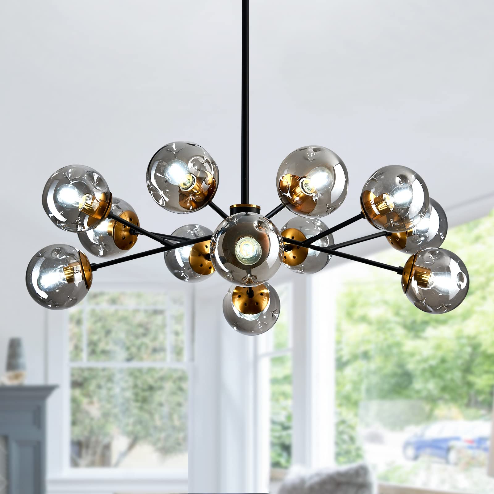 SZXYKEJI 12-Light Glass Chandelier，Large Sputnik Chandeliers for High Ceilings， Rustic Ceiling Lighting Fixture Pendent Light for Kitchen Dining Room Living Room Bedroom Office （Black）.