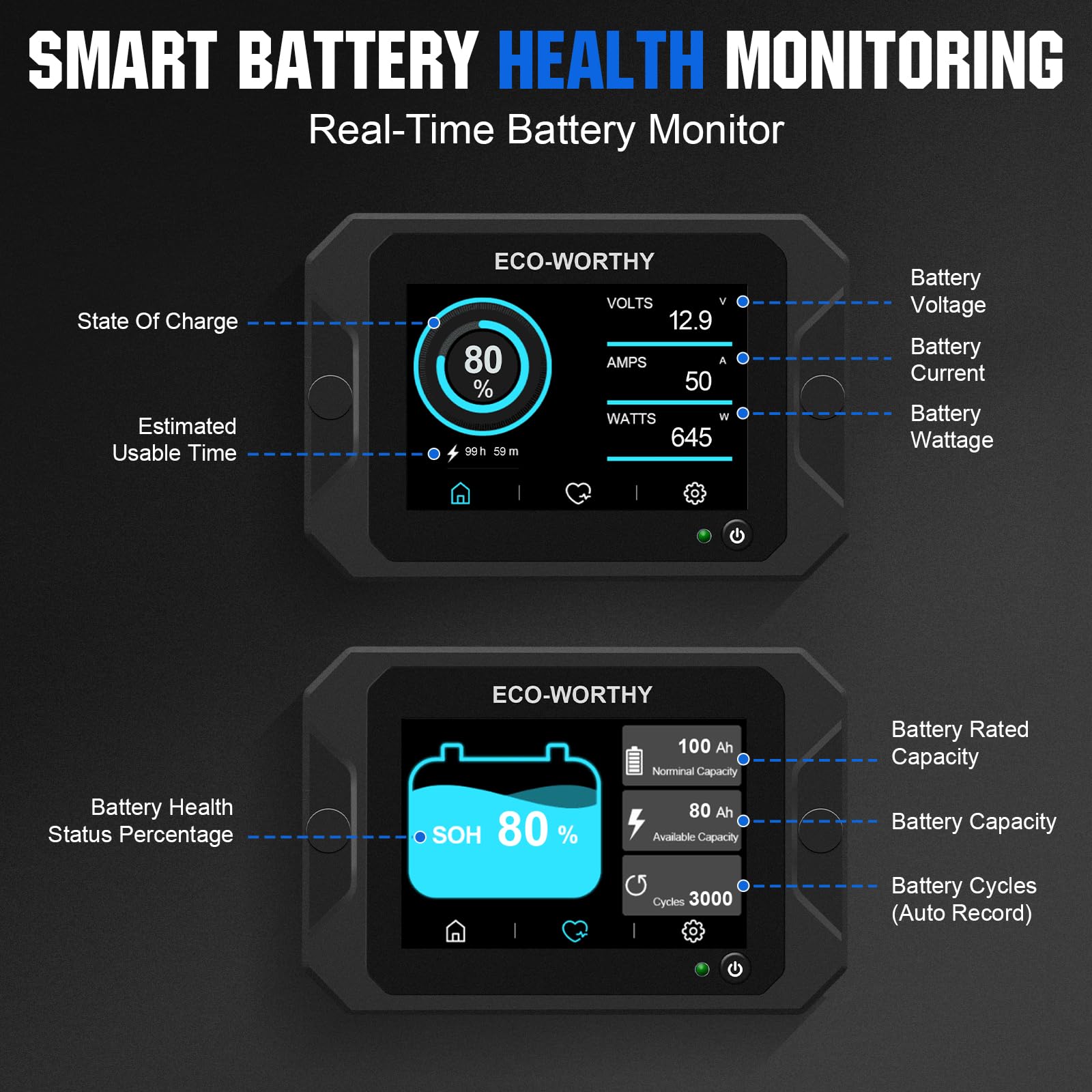 ECO-WORTHY Battery Monitor with Hall Sensor Touchable Display, 9-80V 300A Battery Monitor with Alarm, for Li-ion/LiFePO4/AGM/Gel Battery in Golf Cart/RV/Solar System