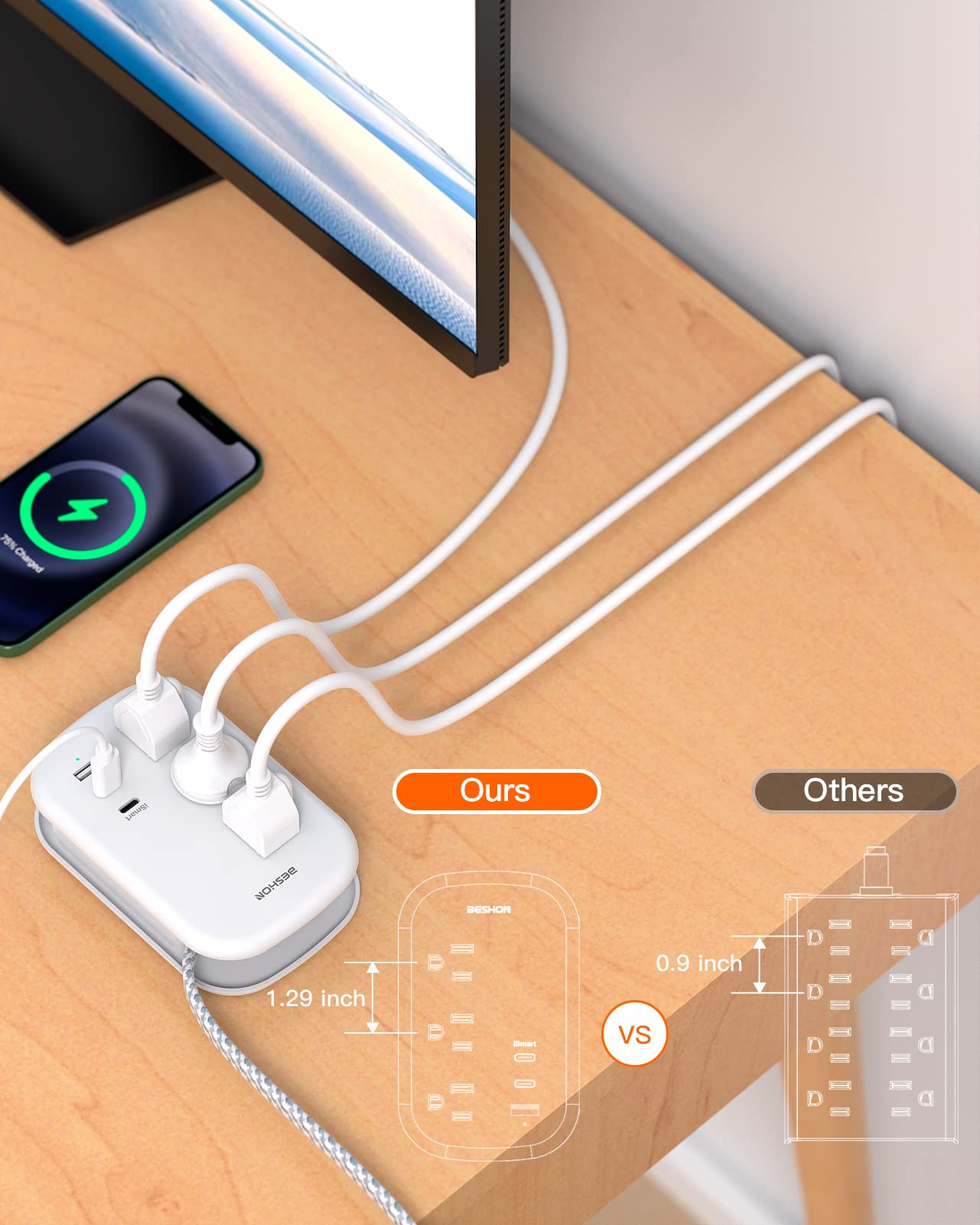 BESHON Flat Plug Power Strip, 3 Outlets with 3 USB Ports(2 USB C), Ultra Flat 3.2ft Wrapped Around Extension Cord for Cruise Ship, Travel, Dorm Room Essentials