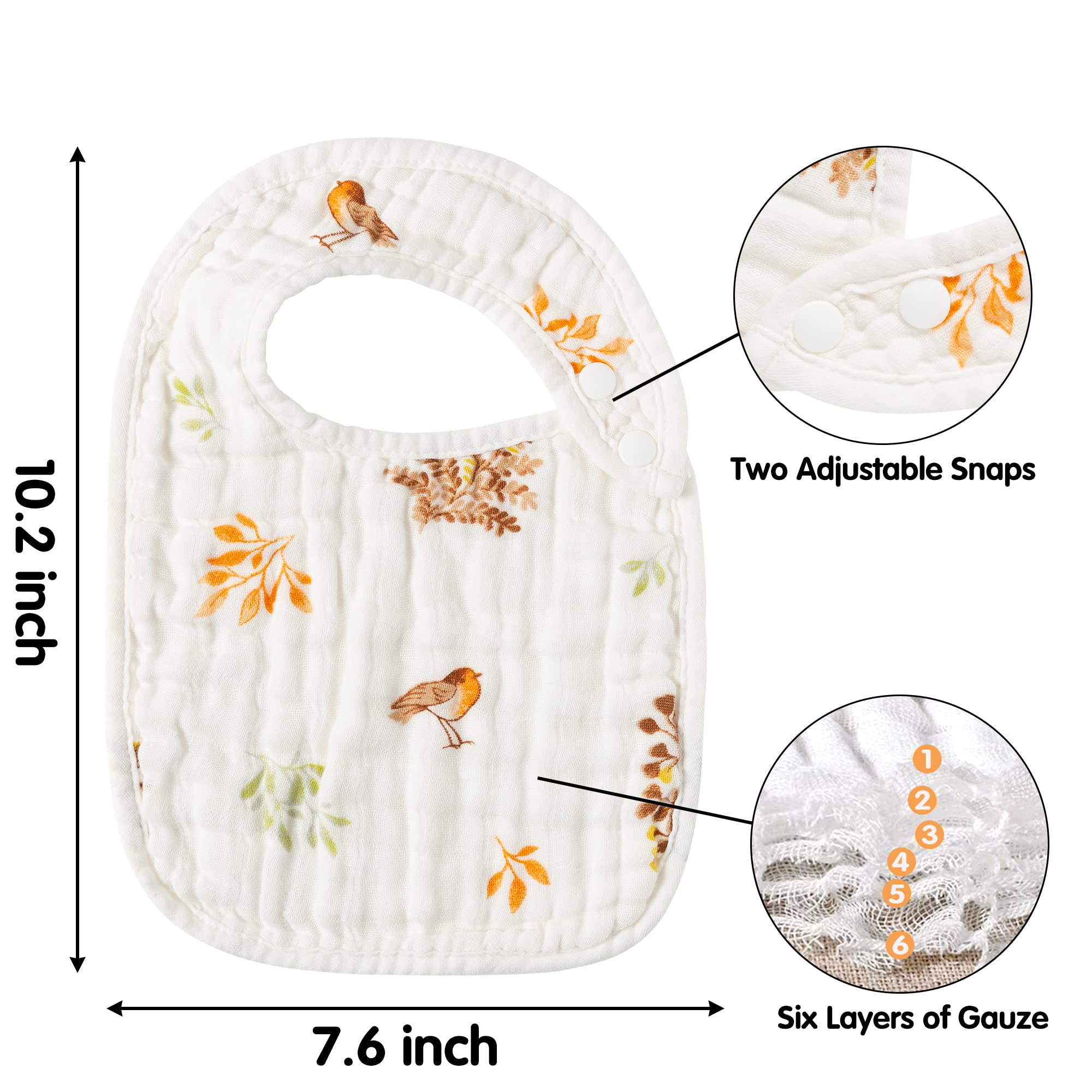 Zainpe 6Pcs Muslin Cotton Bibs for Baby Flower Bunny Deer Adjustable Machine Washable Neutral Burp Cloths with 6 Absorbent Soft Layers for Unisex Infant Newborn Toddler Drooling Feeding Teething