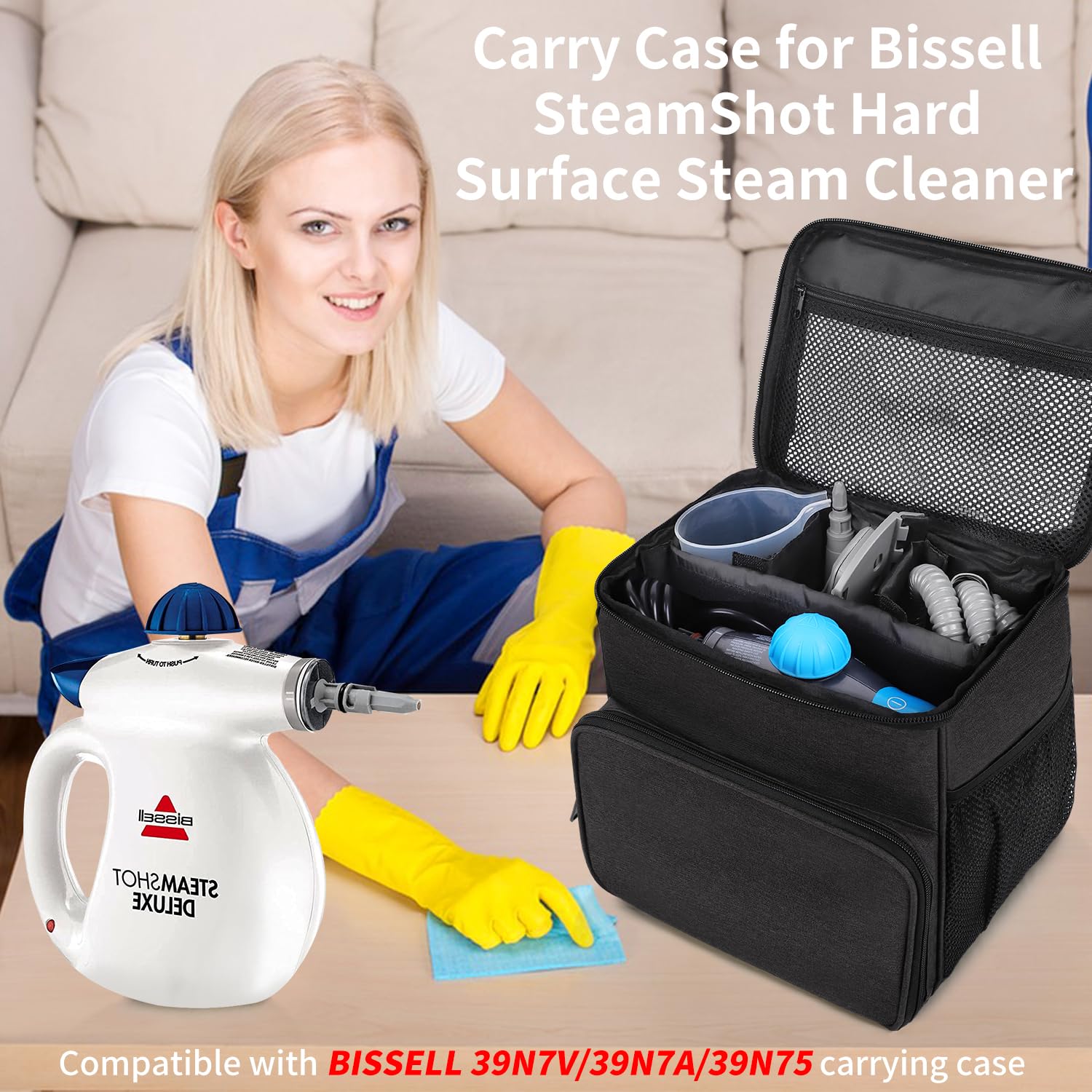 Carry Case Compatible with Bissell SteamShot Hard Surface Steam Cleaner 39N7V/39N7A,Adjustable Compartments Steam Cleaner Storage Bag,Storage Bag with Extra Pockets for Accessories(Bag Only!)