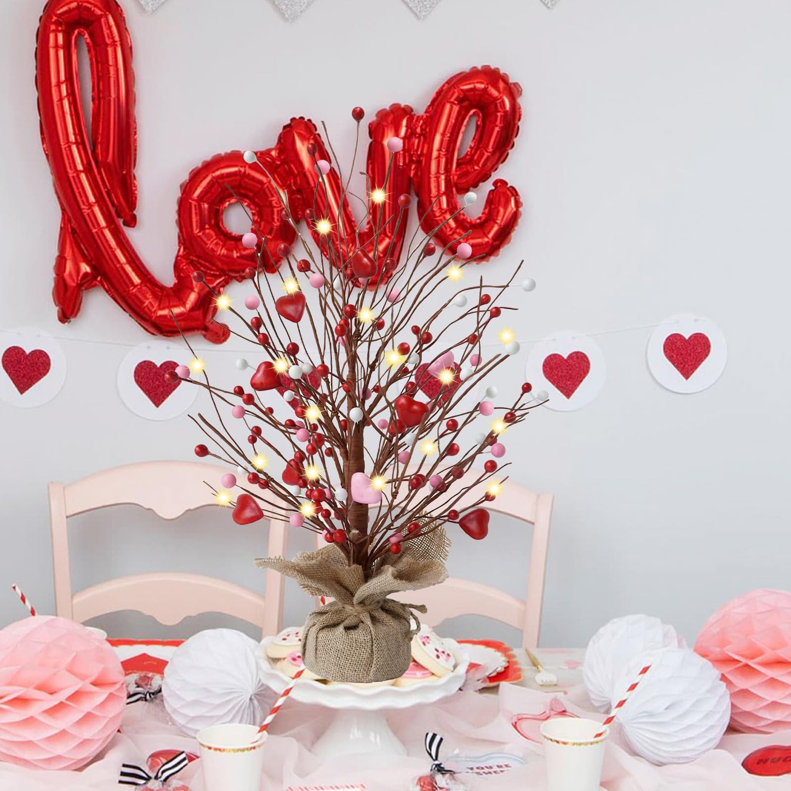 CRCZK 19" H Valentines Day Heart Table Tree Decorative Red Love Berries, Artificial Tree Decor for Valentines Day Party Festival Home Decor.