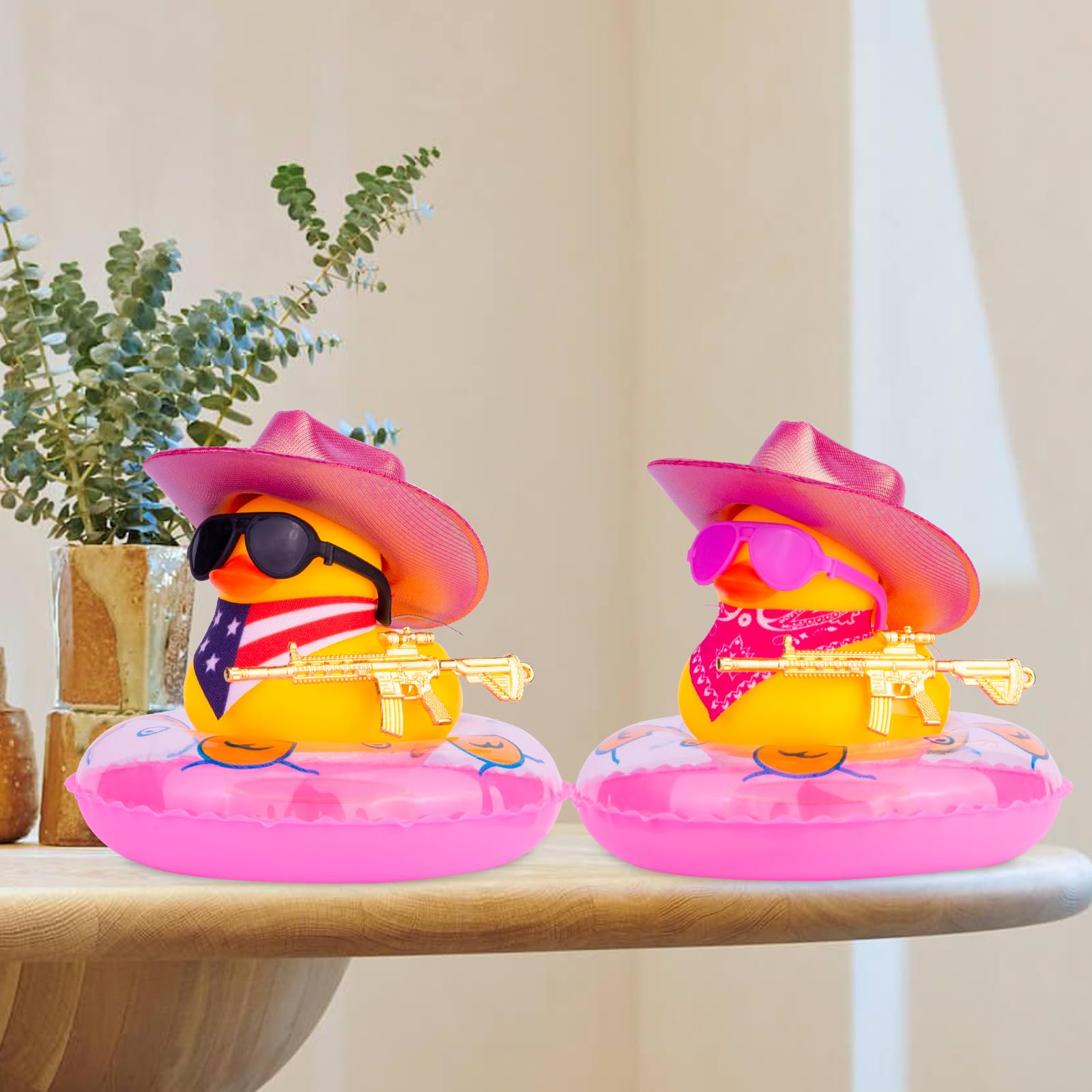 MuMyer Rubber Ducks for Cars Dashboard, Cowboy Duck Car Dashboard Decorations Accessories with Mini Holographic Cowboy Hat Swim Ring Scarf Sunglasses and Special Prop(Rose&US)