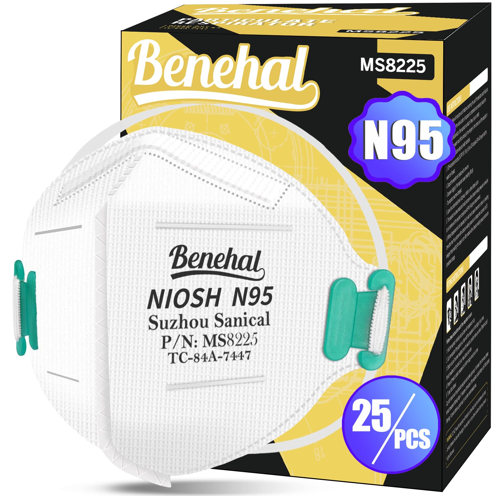 benehal NIOSH Approved N95 Mask Particulate Respirators, Pack of 25 N95 Face Masks, Individually Wrapped,White