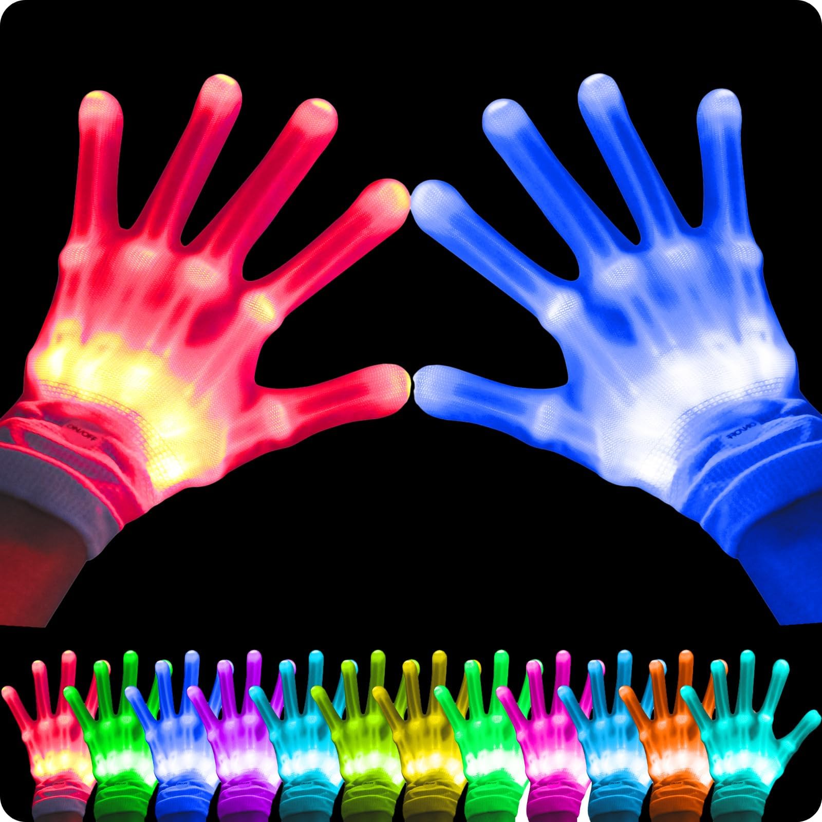 WEICHUANGXIN LED Gloves, 12 Color Changing Flashing Skeleton Gloves, Cool Light Up Costume for Halloween Christmas Birthday Party, Best Gifts for Age 8-14 Years Kids, 1 Pair（Large）