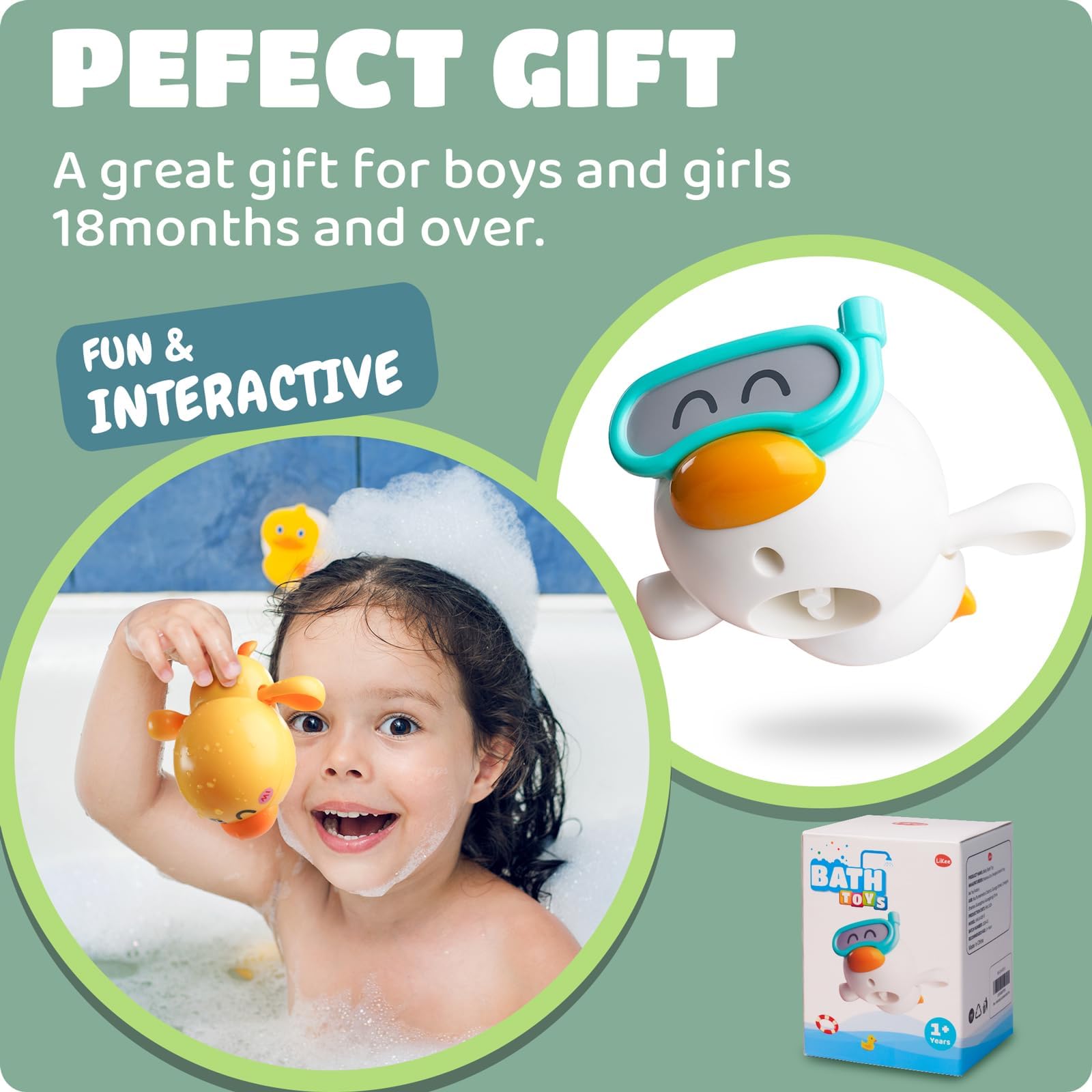 LiKee Baby Bath Toys for Toddlers 1-3, Floating Wind-Up Kids Bathtub Toys for 1 2 3 4 5 6 Years Old Boy Girl Birthday , Cute lnfant Swimming Water Pool Games for Baby Shower Beach Bath Time