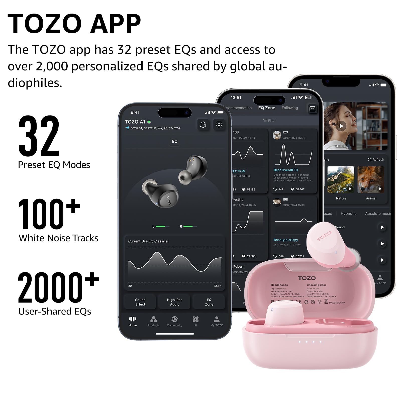 TOZO A1 Mini Wireless Earbuds Bluetooth 5.3 in Ear Light-Weight Headphones Built-in Mic Calls, IPX5 Waterproof, Immersive Premium Sound Connection Headset with Charging Case, 32 Preset EQs via APP