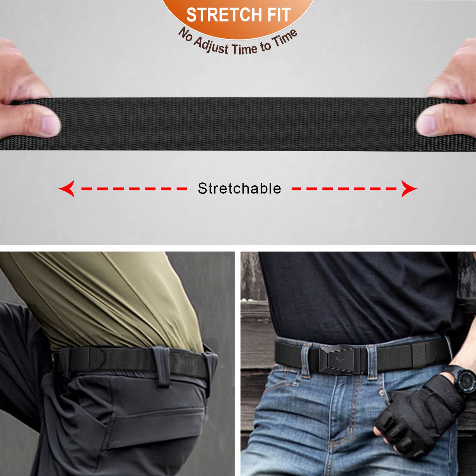 BULLIANT Tactical Belt for Men, Men Stretch Nylon Web Gift Belt 1.5"-Hiking Rigger Military Work-Quick Release(Black,34"-38" Waist Adjustable)