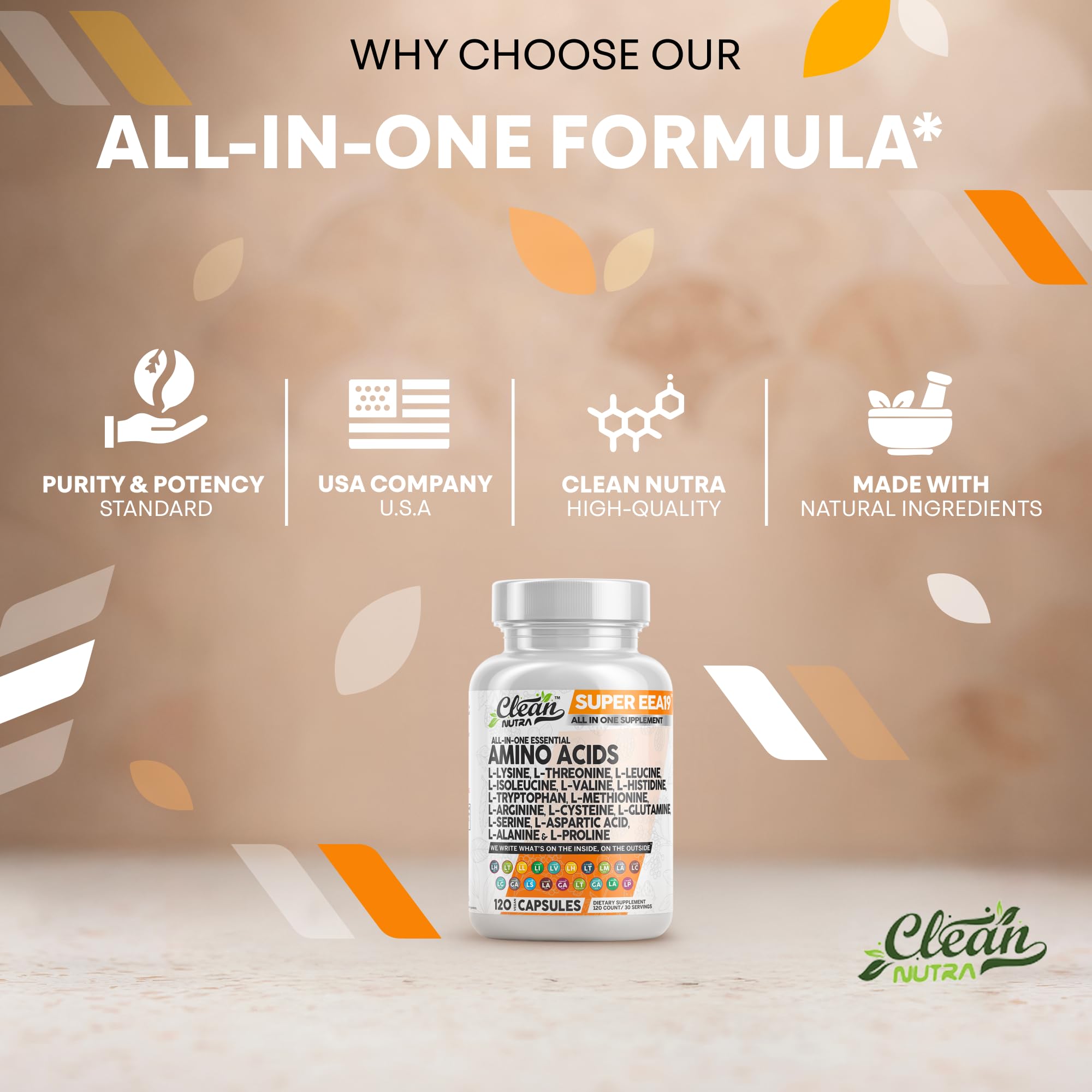 Clean Nutraceuticals Amino Acids Supplement L-Lysine, L-Threonine, L-Leucine, Isoleucine, Valine, L-Histidine, L-Tryptophan, L-Methionine, L-Arginine, L-Cysteine, L-Glutamine, L-Serine, Aspartic Acid
