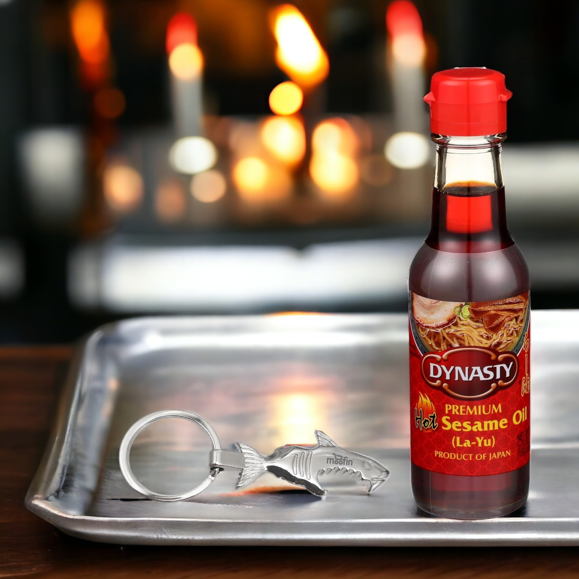 Dynasty Sesame Oil, 5 fl oz - Hot Sesame Oil for Seasoning, Stir-Frying & Marinades, with Moofin Silver SS Bottle Opener Keychain, Enhances Seafood & Meat Flavor, Versatile Sesame Oil (Pack of 3)