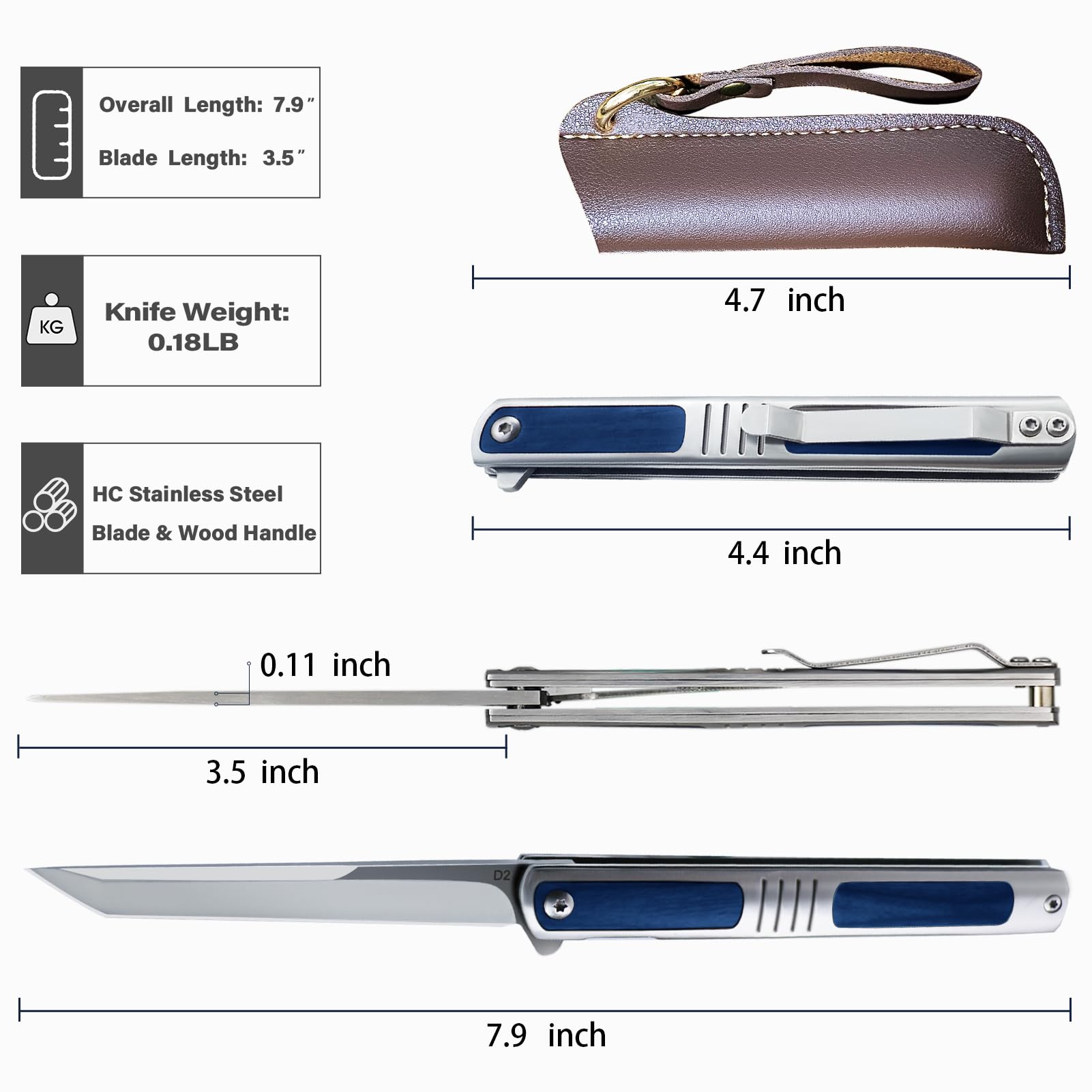 Ogival Pocket Knife for Men, 3.5 inch Folding Knife with Bluewood Handle and Leather Sheath, Edc Knife for Home and Outdoor,Blue