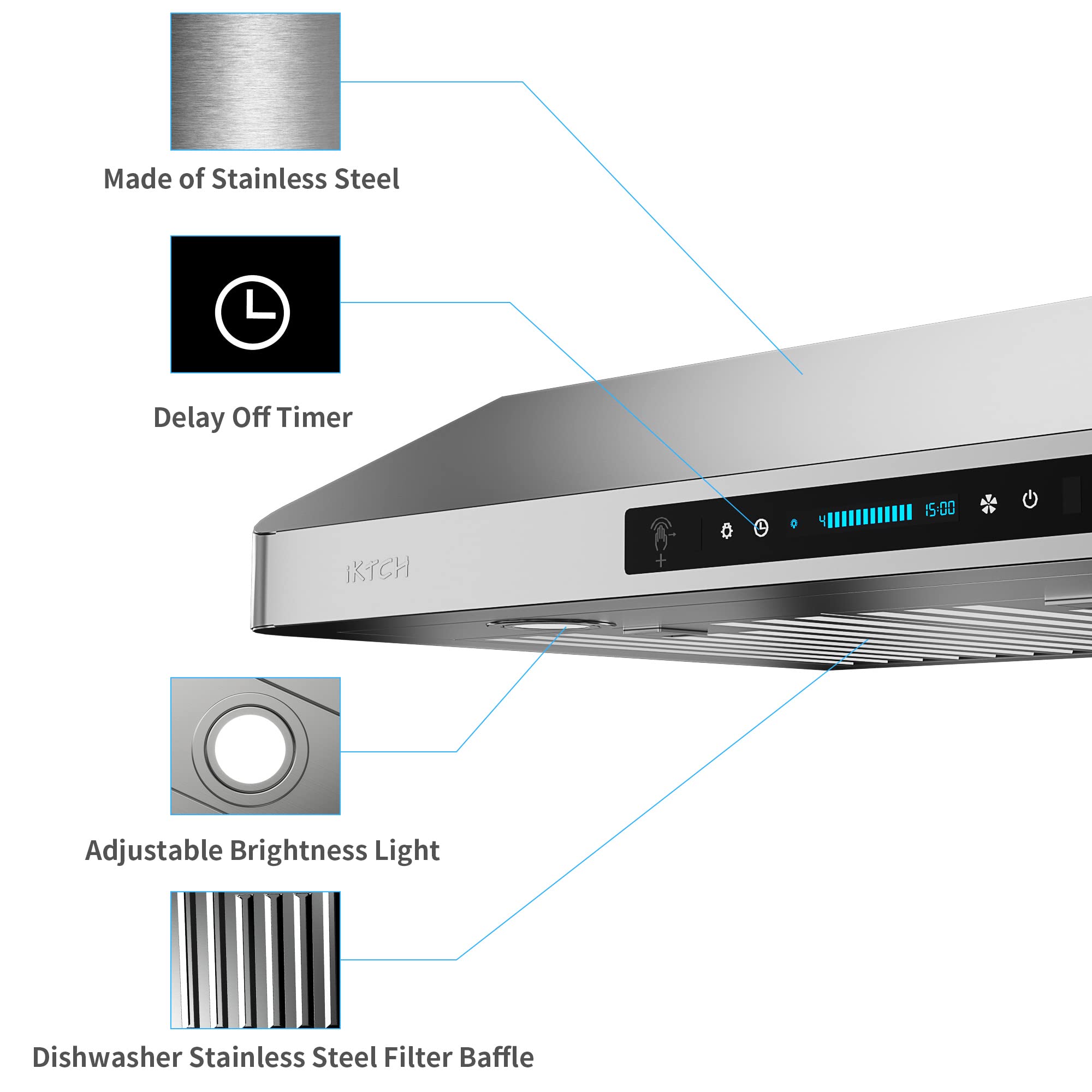 IKTCH 42 Inch Under Cabinet Range Hood with 900-CFM, 4 Speed Gesture Sensing&Touch Control Panel, Stainless Steel Kitchen Vent with 3 Pcs Baffle Filters(IKC01-42)