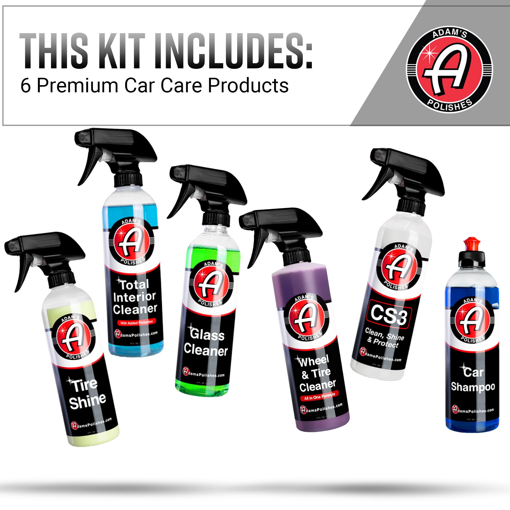 Adam's Arsenal Builder Car Cleaning Kit (6 Item) - Our Best Value Car Detailing Kit | Car Shampoo Wash Soap, Wheel & Tire Cleaner, Total Interior Cleaner, Glass Cleaner, Tire Shine, CS3