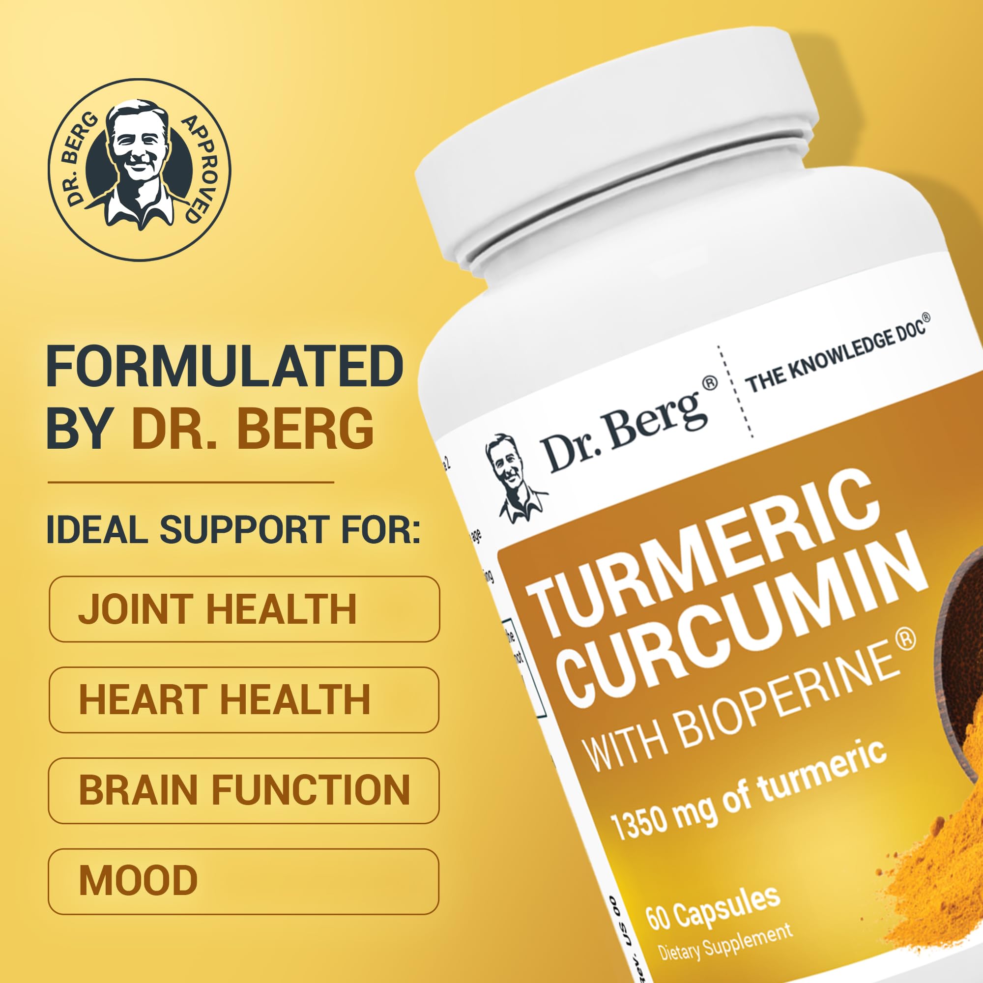 Dr. Berg (Only 2 Per Day) Turmeric Supplement with Black Pepper (BioPerine) - 1350 mg Turmeric Curcumin Supplement with 95% Curcuminoids – Turmeric Curcumin with Black Pepper – 60 Turmeric Capsules