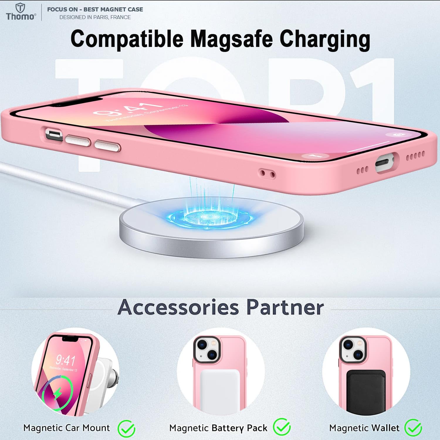 Thomo Strong Magnetic for iPhone 13 Case & iPhone 14 Case [Compatible with Magsafe] [10FT Drop Resistant] Matte Skin Feeling Back, Aluminum Alloy Keys Phone Case iPhone 13/14, Pink