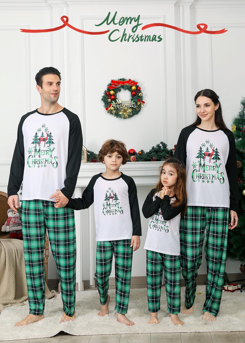 VNVNE Family Christmas Pjs Matching Sets for Women/Men/Couples/Adults, Holiday Xmas Tree Reindeer Plaid Pajamas Sleepwear Loungewear(Youth,2-3T,Reindeer Plaid)