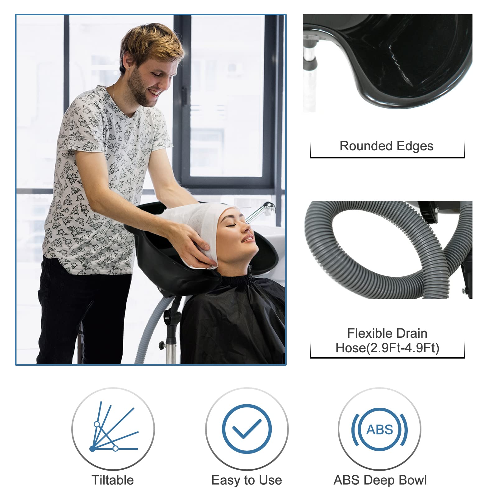 Nova Microdermabrasion Height Adjustable Portable Salon Deep Shampoo Basin Sink Hair Treatment Bowl with Drain Hose Black