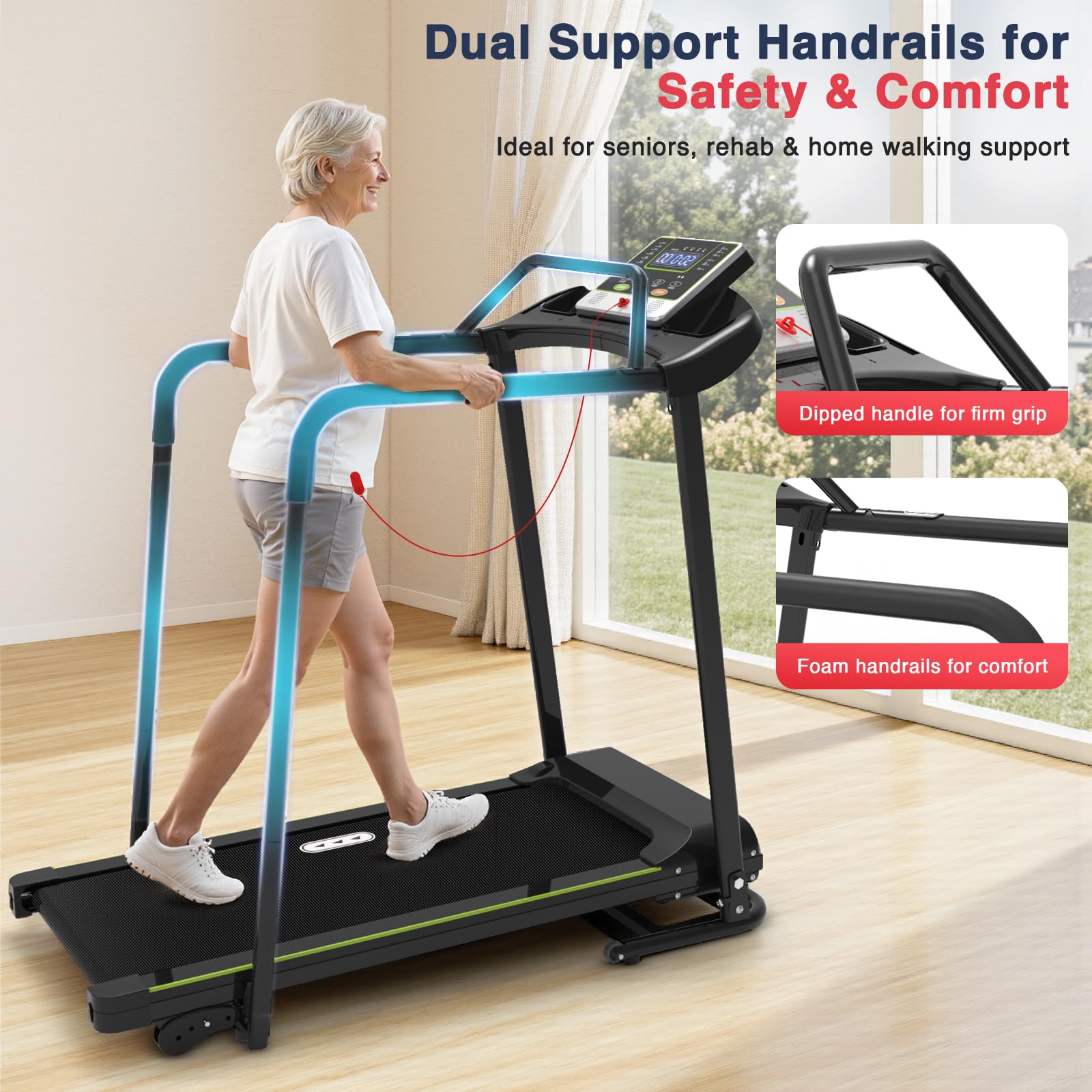 Redliro Walking Treadmill with Long Handrail for Balance, Recovery Fitness Exercise Machine Foldable for Home use with Holder for Phone & Cup,LCD Display, 300 lbs Capacity
