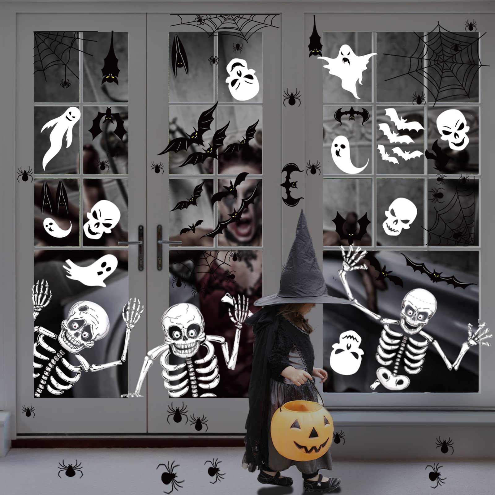 140PCS Halloween Window Clings Decor for Halloween Decorations, Double Side Halloween Window Stickers Removable Glass Decals for Halloween Party Decorations Indoor