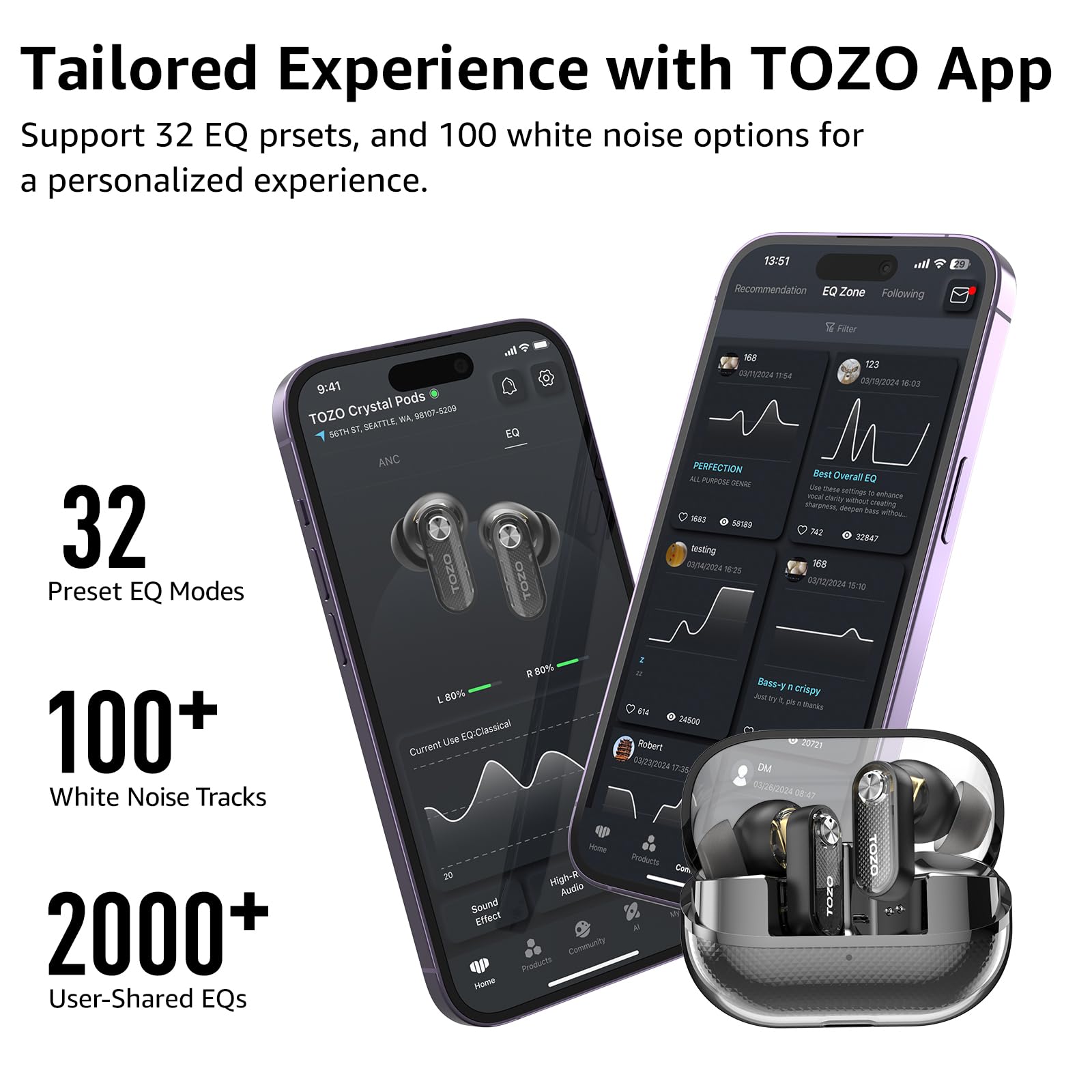 TOZO Hybrid Active Noise Cancelling Wireless Earbuds, 10mm Drivers Deep Bass Stereo Sound, 4 Mics Smart ENC AI Calls, 32 EQ Customization via App, Bluetooth 5.4 Headphones, Crystal Case Design