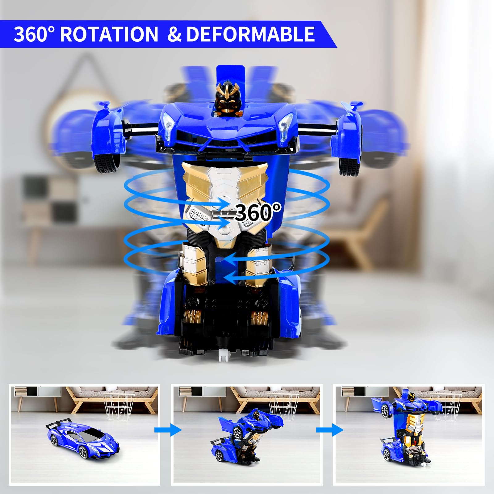 Blackma Remote Control Car - Transform, One-Button Deformation & 360°Rotating Drifting, Transform Robot RC Car with LED Light, Toy Gifts for 4 5 6 7 8 9 10 11 12 Years Old Boy (Blue)