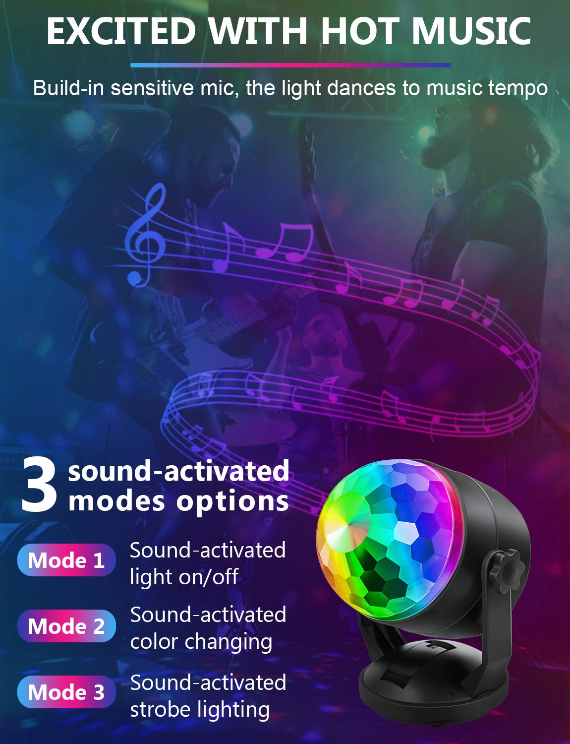 Luditek 2-Pack Portable Sound Activated Party Lights Indoor, Battery Powered/USB Dj Lighting, Disco Ball Strobe Light for Car Room, Adults Gifts, New Years Eve Party Supplies Christmas Decorations