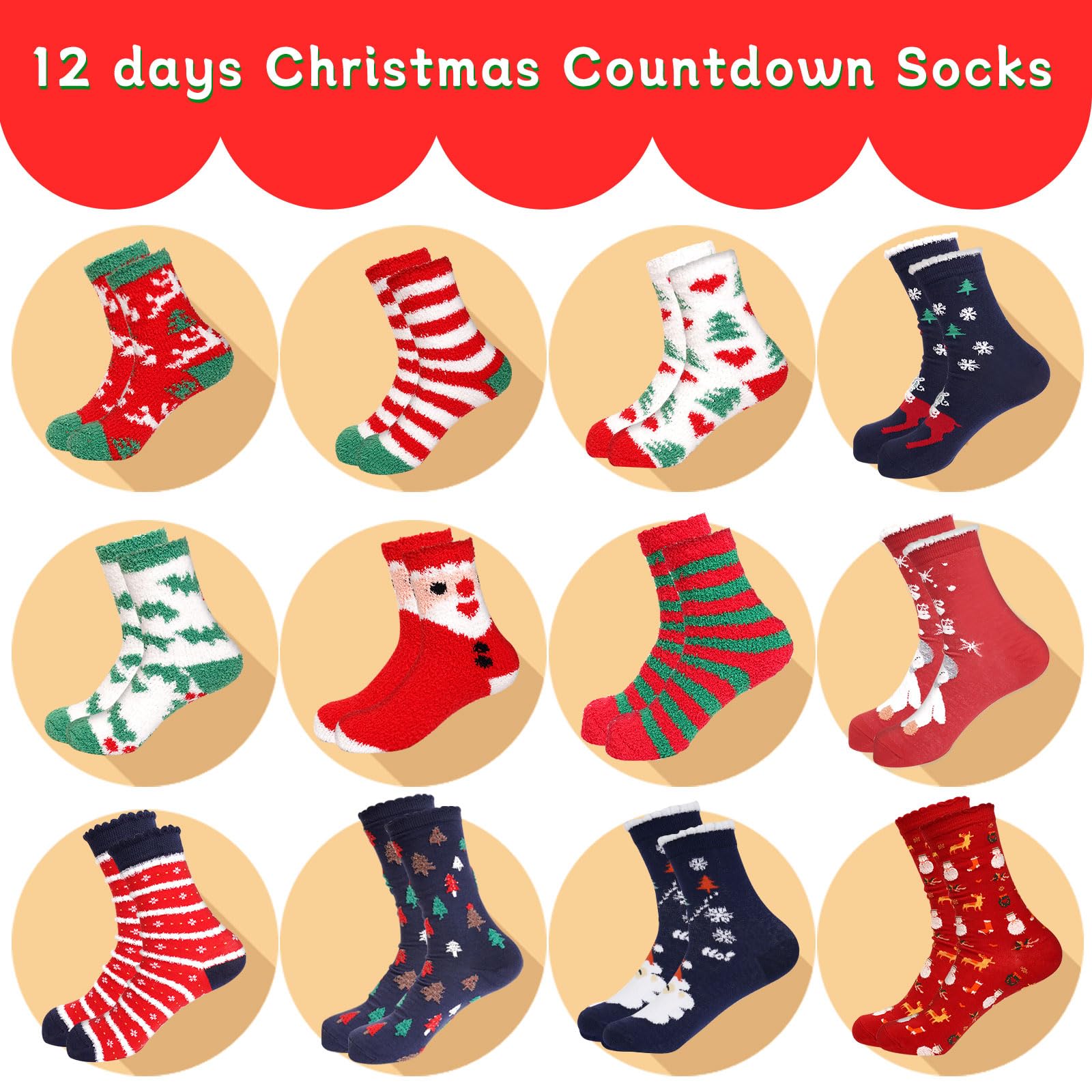 ANOTION Christmas Socks Advent Calendar 2024, 12 Days Christmas Countdown Calendar Gifts For Women Christmas Gifts For Teens Men Girls Gifts Fuzzy Christmas Socks Unique Holiday Designs Family Gifts