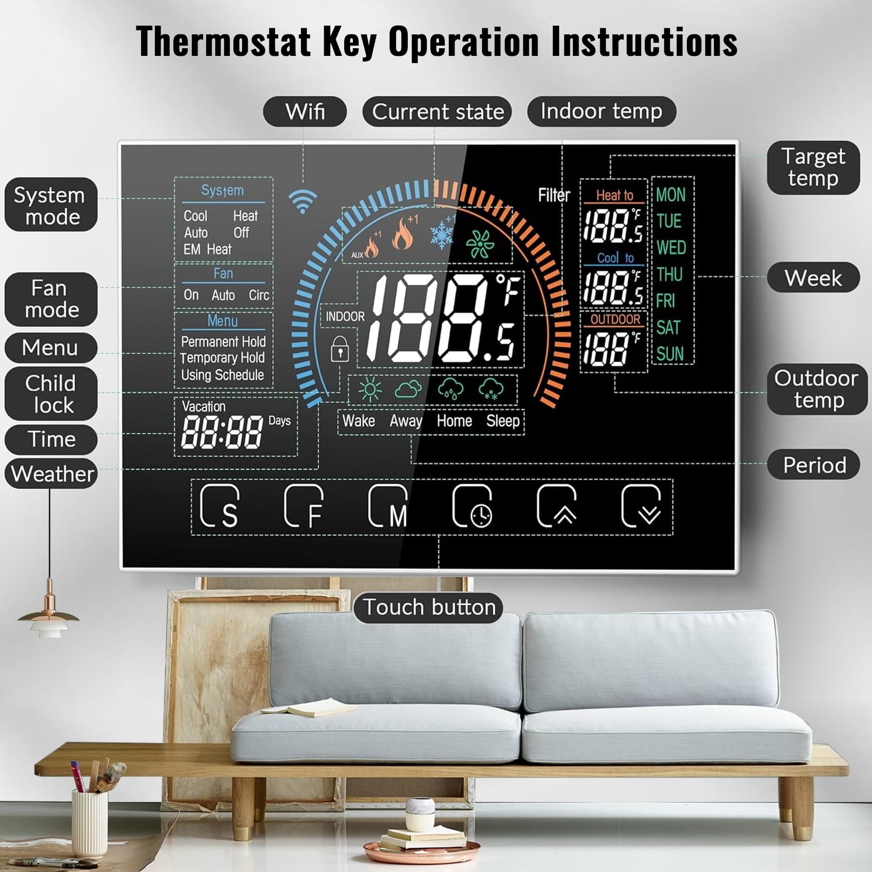 Bestechy Smart Thermostat for Home WiFi, App Thermostat, for Air and Ground Energy Heat Pumps, Includes C-Wire Adapter, LCD Color Screen, Voice Control, Energy Efficient, Easy DIY