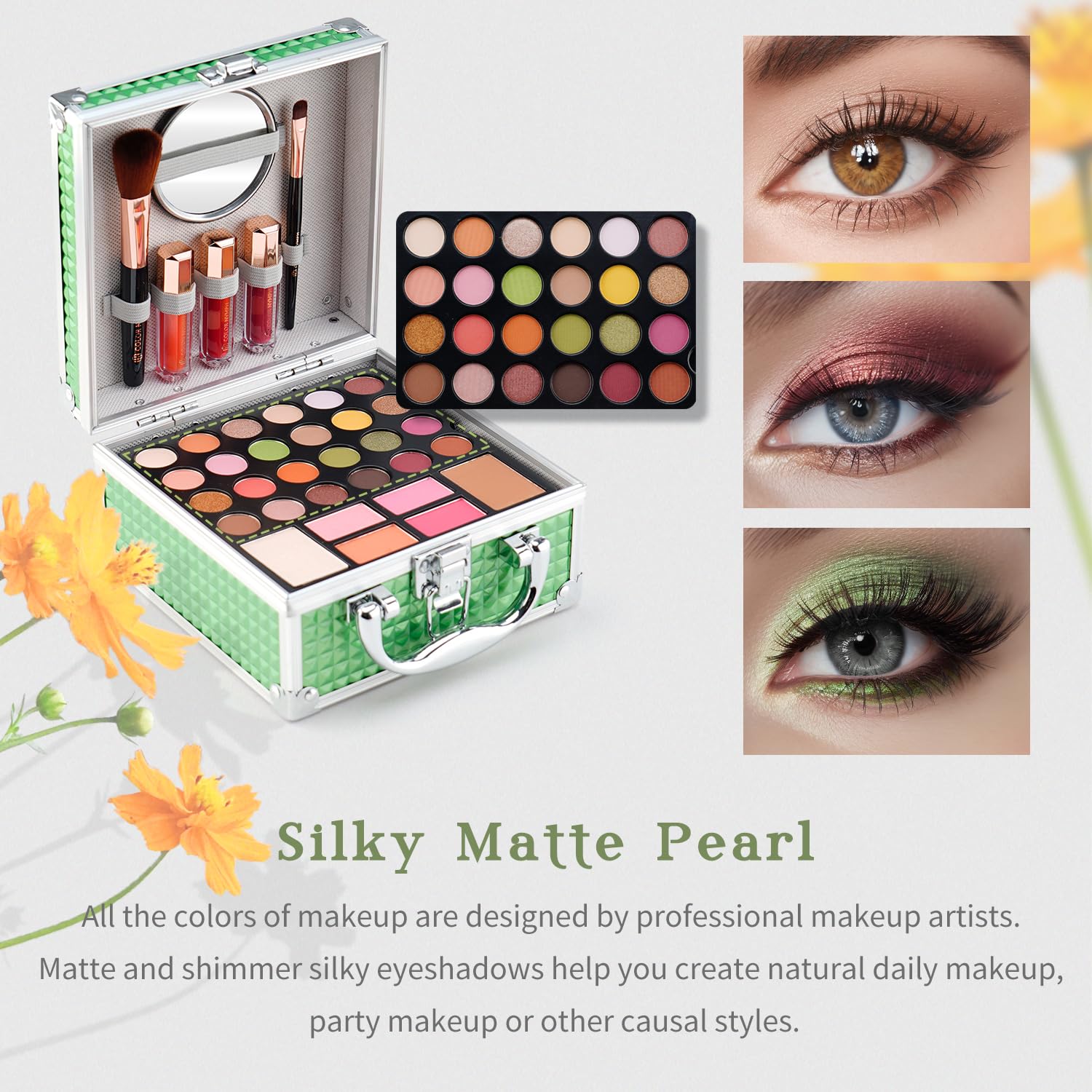 Color Nymph Beginner Makeup Kit For Teens With The Small Cosmetic Train Case Included 24-Colors Eyeshadow Palette Blushes Bronzer Highlighter Lipstick Brushes Mirror(Green)