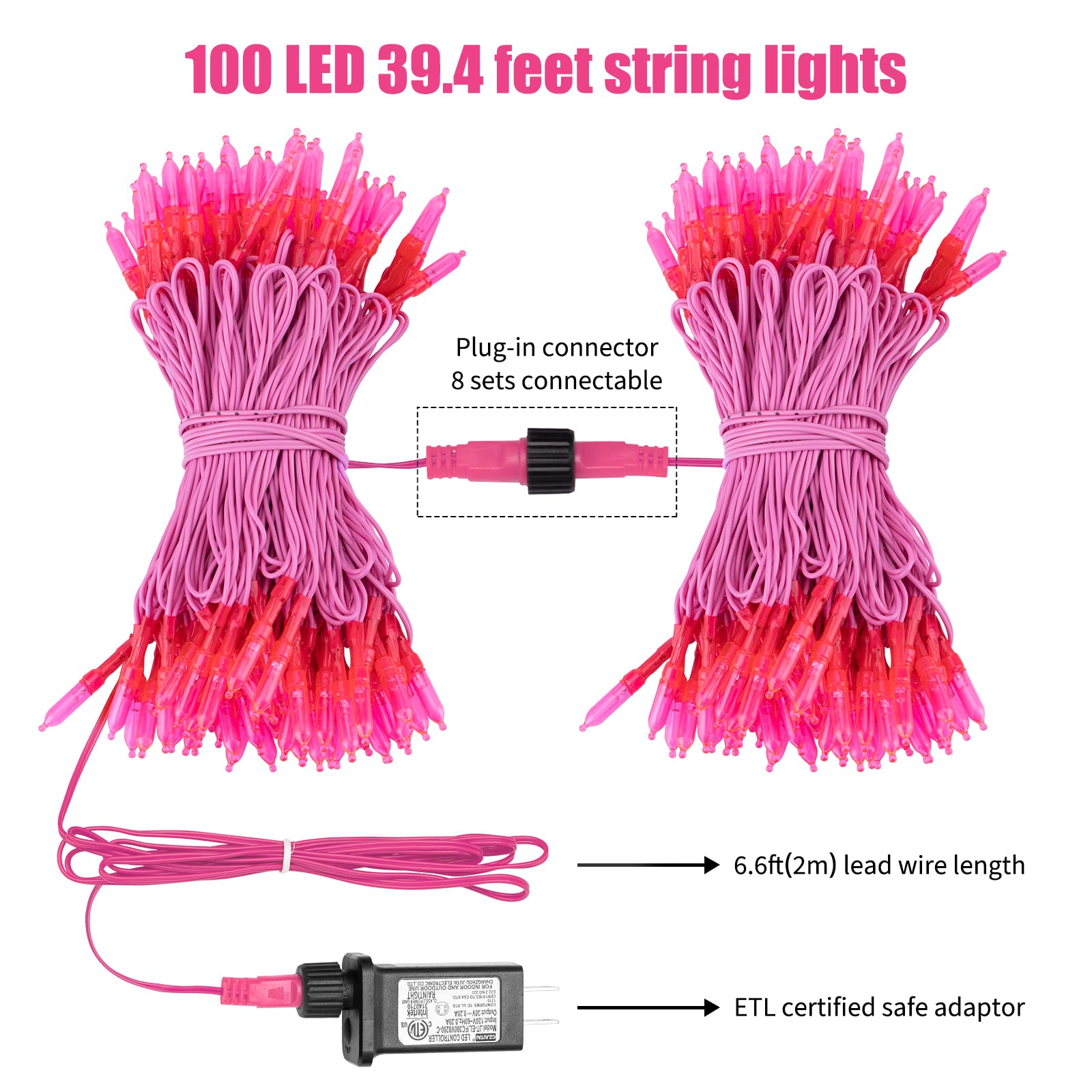 Pink Mini Christmas Lights - 39 Feet 100 LED Fairy String Lights with 8 Lighting Modes Waterproof Connectable for Indoor Outdoor Xmas Tree Garland Wreath Holiday Valentine's Day Decoration