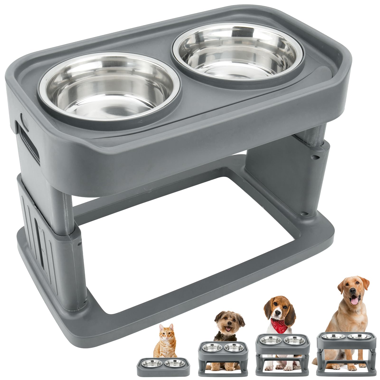 Hengu Elevated Dog Bowls,Adjustable Raised Dog Bowl Stand Adjusts to 4 Heights (2.8", 8.6", 10.6",11.8") for Small Medium and Large Dogs,with 2 Stainless Steel Dog Food Bowls