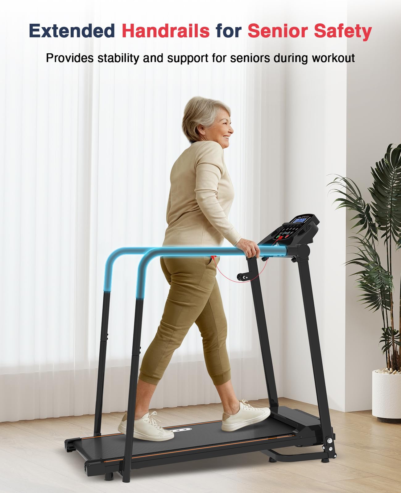 Redliro Walking Treadmill with Long Handrails – Treadmill for Seniors 300 lbs Capacity – Foldable, Lightweight with Wheels, Cup & Phone Holder – Recovery Machine for Home or Apartment