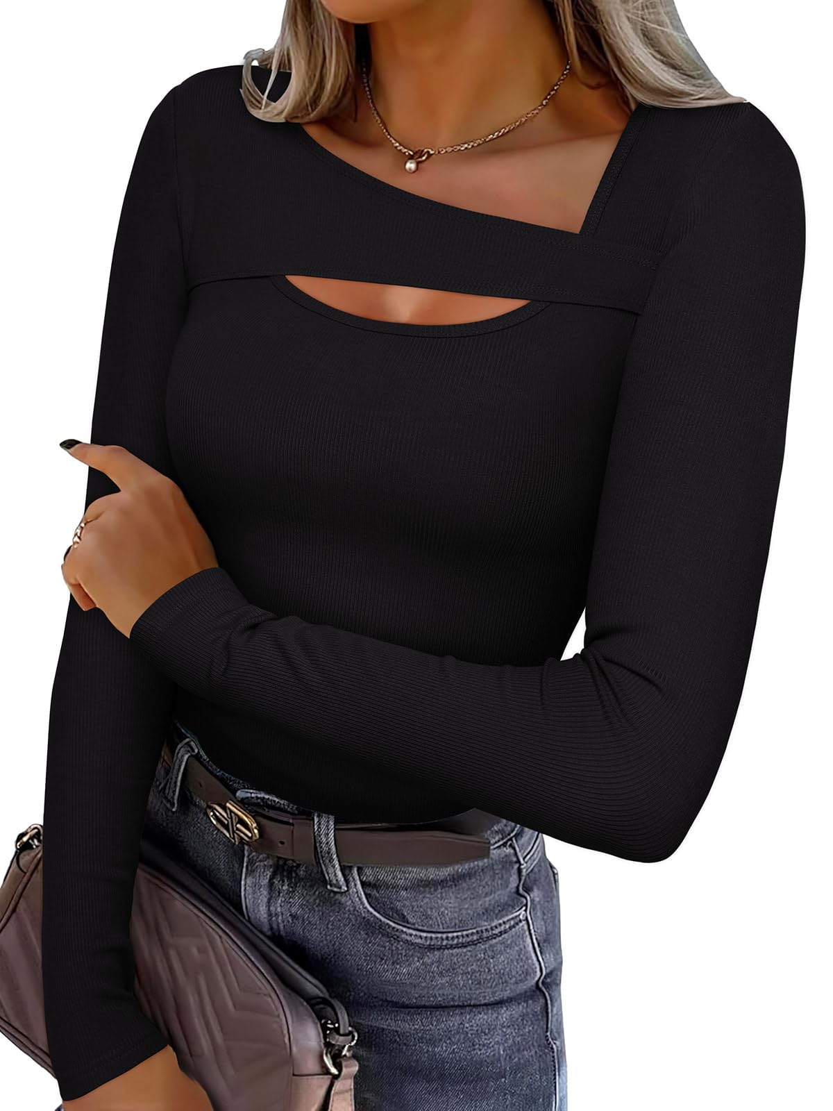 REORIA Women's Sexy Ribbed Long Sleeve Cutout Tops Fall Winter 2025 Trendy Fashion Slim Fit Y2K Going Out Tee Black X-Large