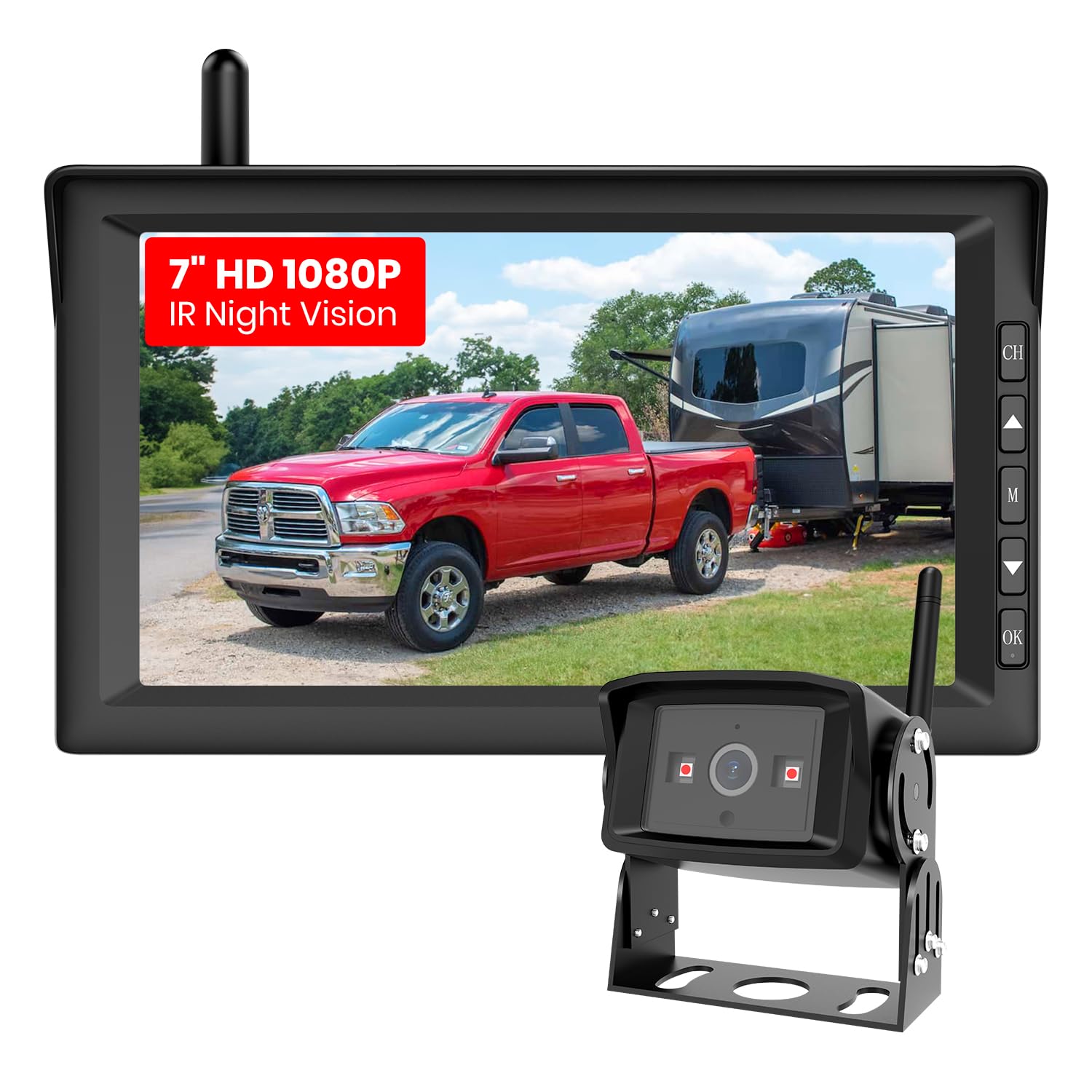 AUTO-VOX RV Backup Camera Wireless 7" 1080P HD Split Screen Monitor, IR Night Vision Rear View Camera Systems, IP69K Waterproof Easy Hitch Trailer Back Up Camera for Truck/Camper/5th Wheel/Motorhome