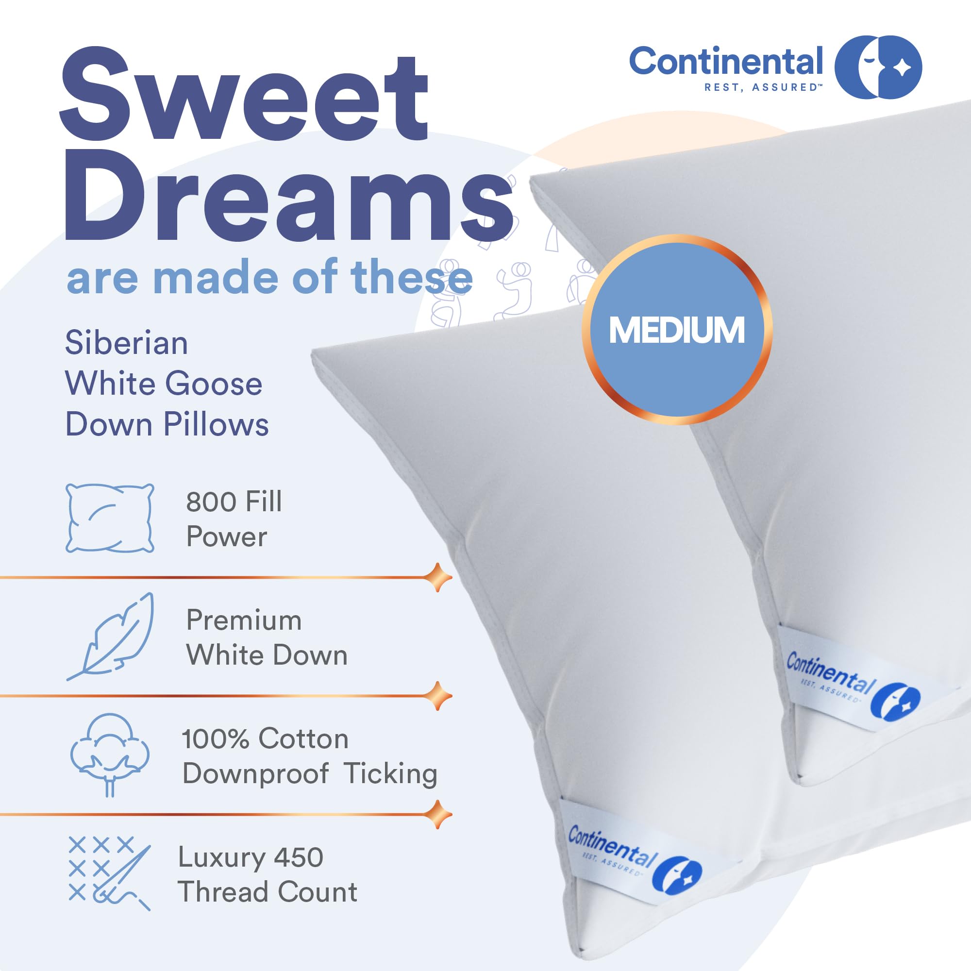 Continental Bedding 100% Siberian Goose Down Pillow 800 Fill Power, Medium, Queen, White