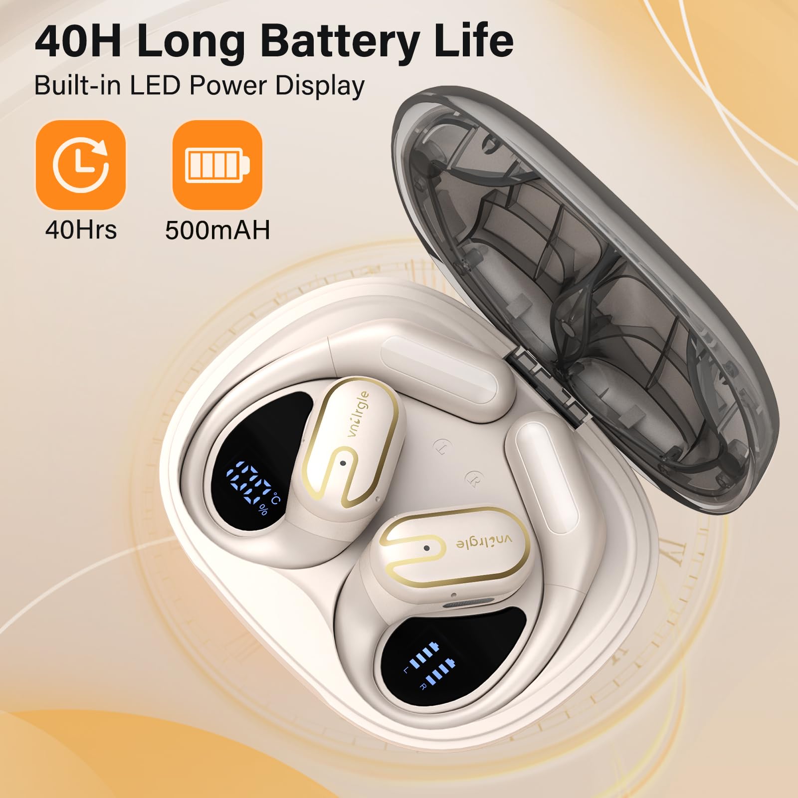 Open Ear Headphones Earbuds wireless - 5.4 Bluetooth Ear Buds with LED Digital Display IPX7 Waterproof, Wireless Headphones Touch Control Air Conduction Stereo Sound with 18.2mm Drivers 40H Playtime