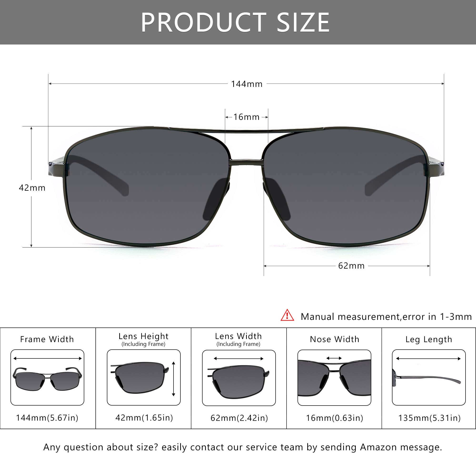 SUNGAIT Ultra Lightweight Rectangular Polarized Sunglasses Men UV400 Protection (Gunmetal Frame Gray Lens, 62) Metal Frame SGT458 QKH-CA