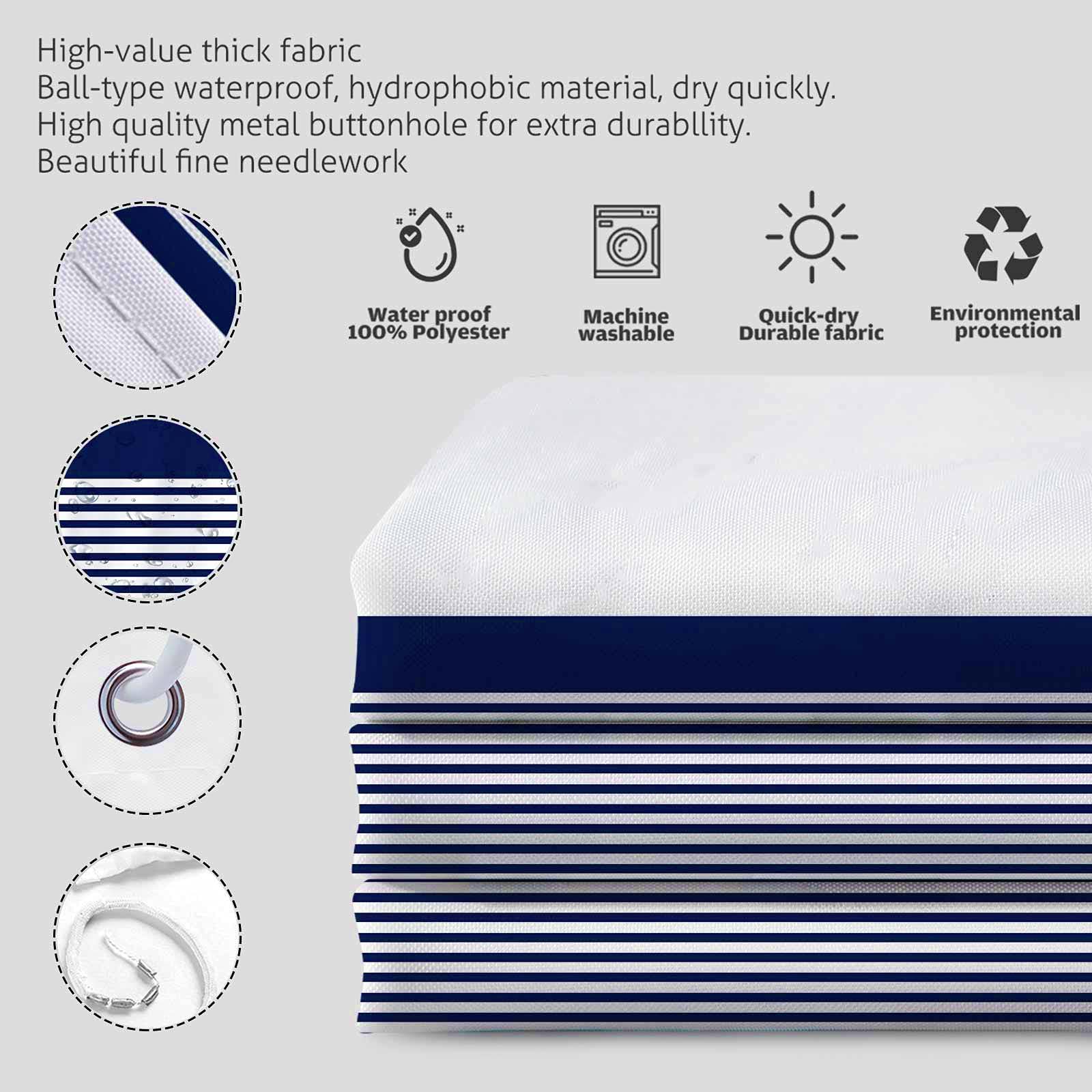 Seasonwood Navy Blue Striped Shower Curtain with Tassel for Bathroom Decor,Chic Polyester Bath Curtain Set with Hooks, 72 x 72