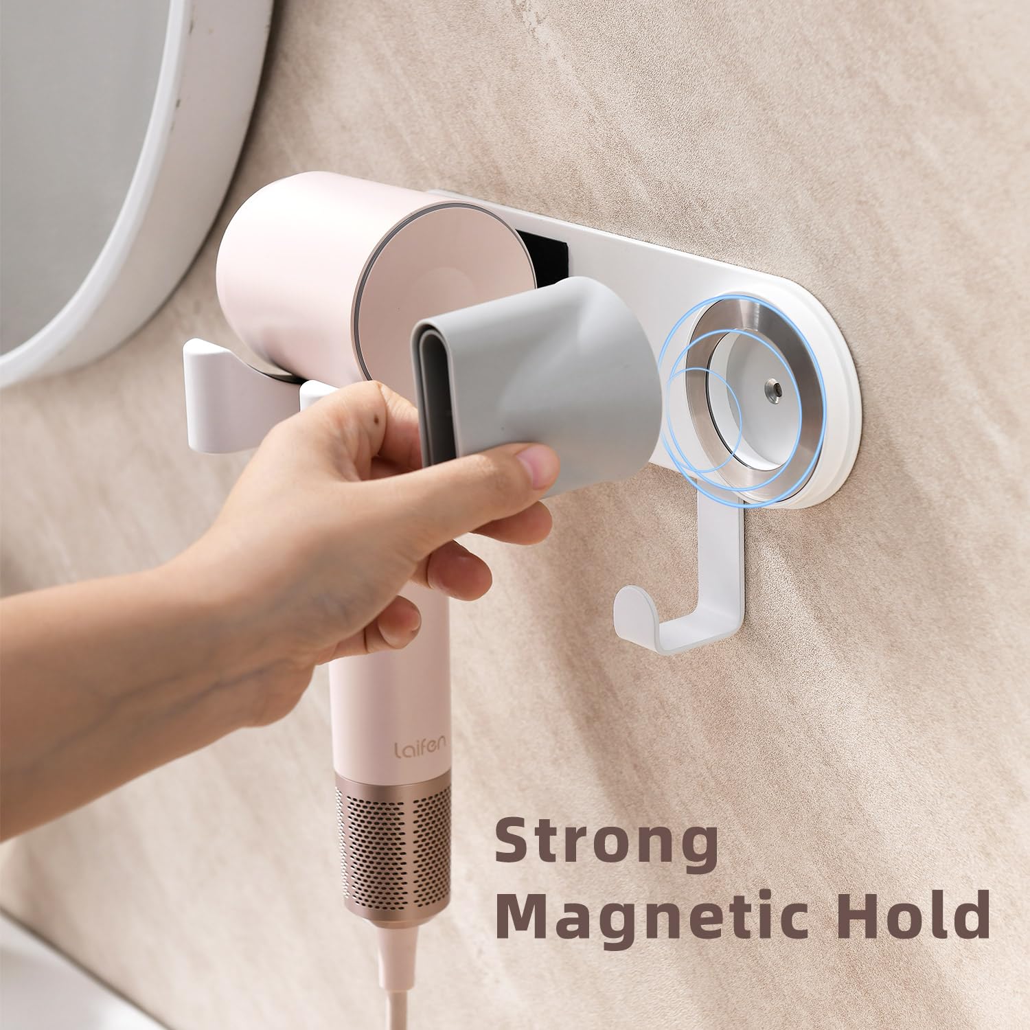 Hair Dryer Holder Wall Mounted, Hair Dryer Organizer Self Adhesive Compatible with Dyson Blow Dryer Holder Aluminum BlowDryer Holder Wall Mounted for Bathroom White CHOCHOYAH