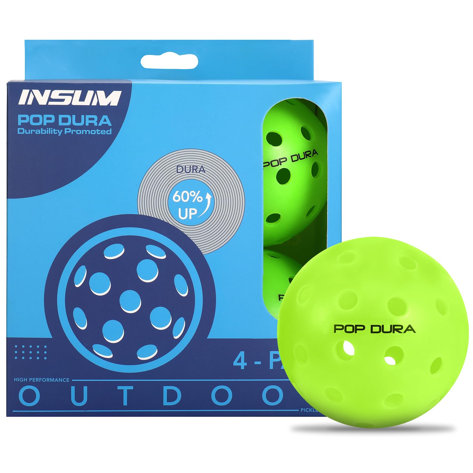 insum POP DURA,POP FAST 4Pack & 12 Pack Pickleballs Balls, High Performance Outdoor Pickleballs | USAPA Approved Tournament Play | Rotational Molded Durable Tech