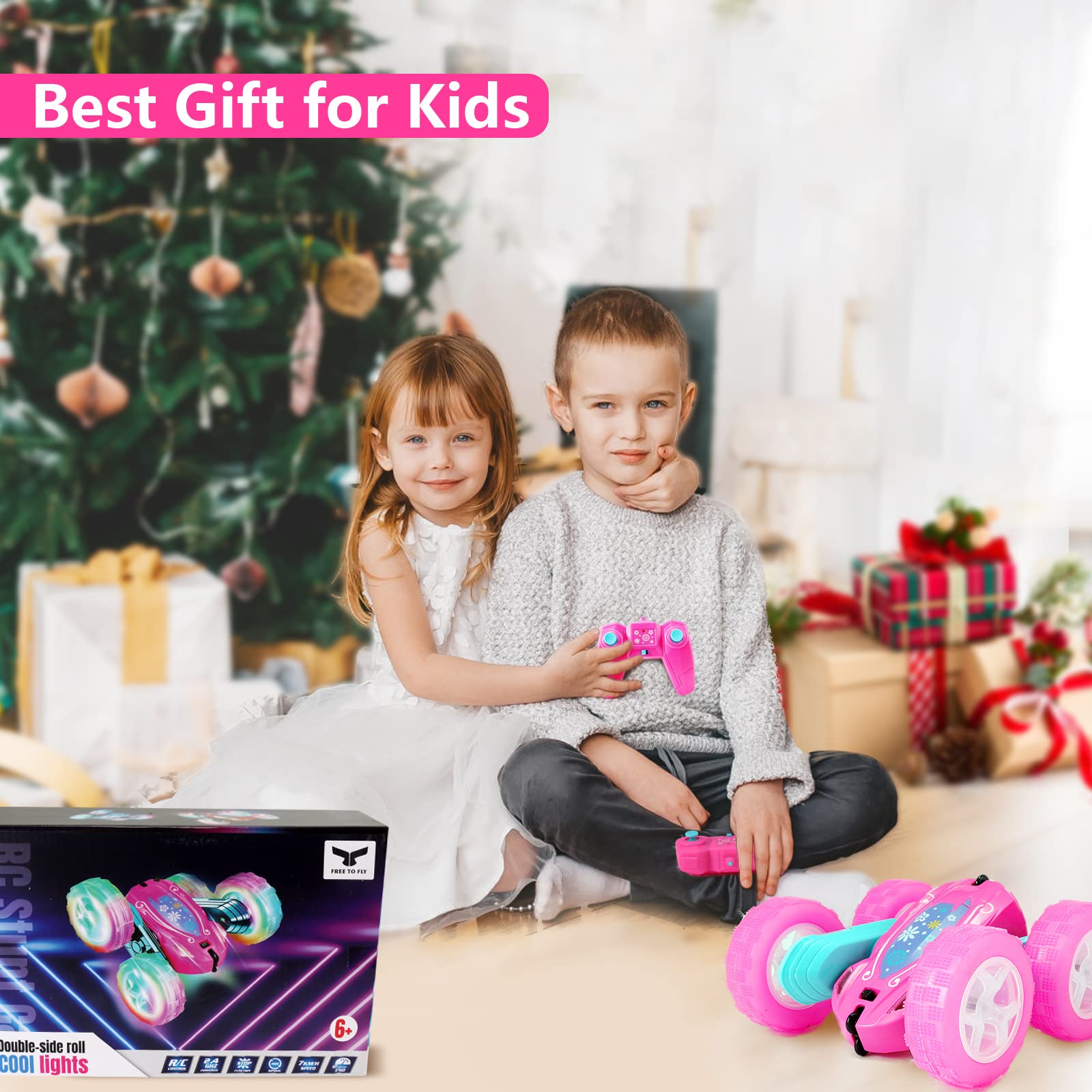FREE TO FLY Remote Control Car for Girls : Pink RC Car Double Sided 360°Flip Stunt Cars with Headlights & WheelLights Rechargeable Toy Car Birthday Gifts for Girl Kids Age 6 7 8 9 10 11 12 Year Old