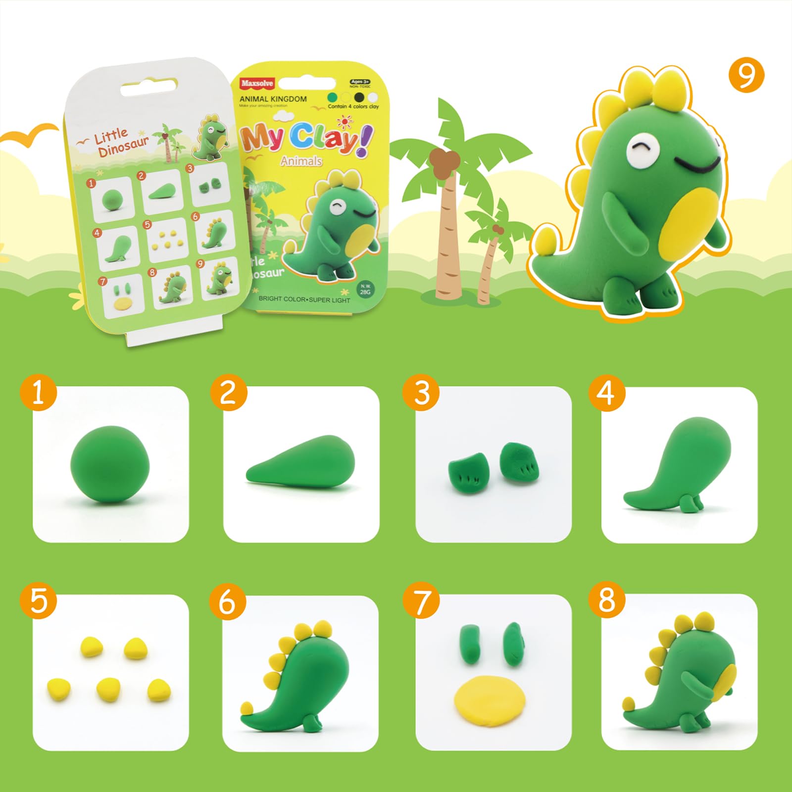 Air Dry Clay for Kids, 12 Animals Modeling Clay Kit with 8 Sculpting Tools and Clear Acrylic Sheet, Soft & Non-Sticky, Safe & Non-Toxic Magic Clays, DIY Arts & Crafts Creative Gift for Boys & Girls