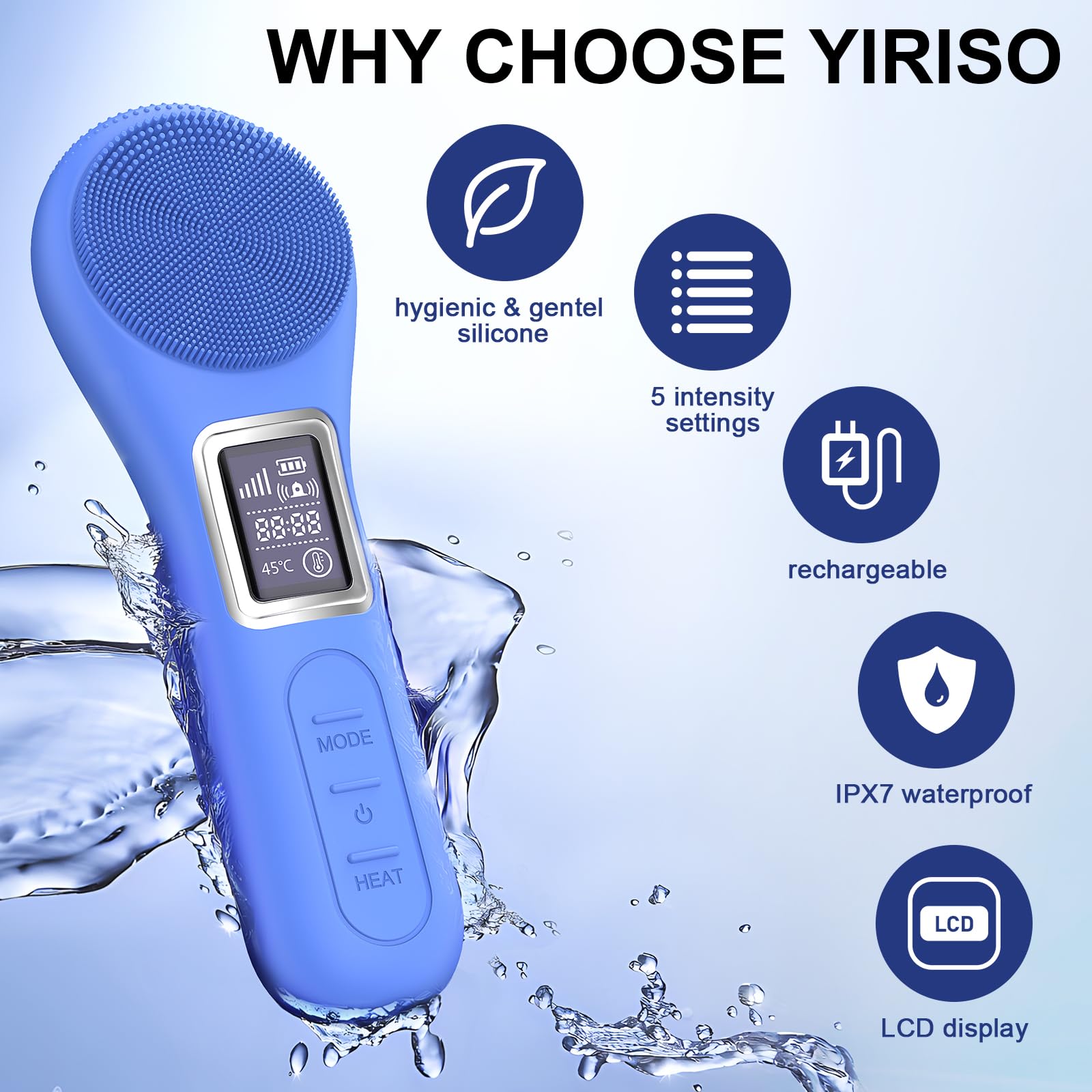 YIRISO Silicone Face Scrubber Electric Facial Gentle Cleaning Brush, Waterproof Rechargeable Deep Cleaning Brush Cleanser Massager with LCD Screen Men & Women Gifts