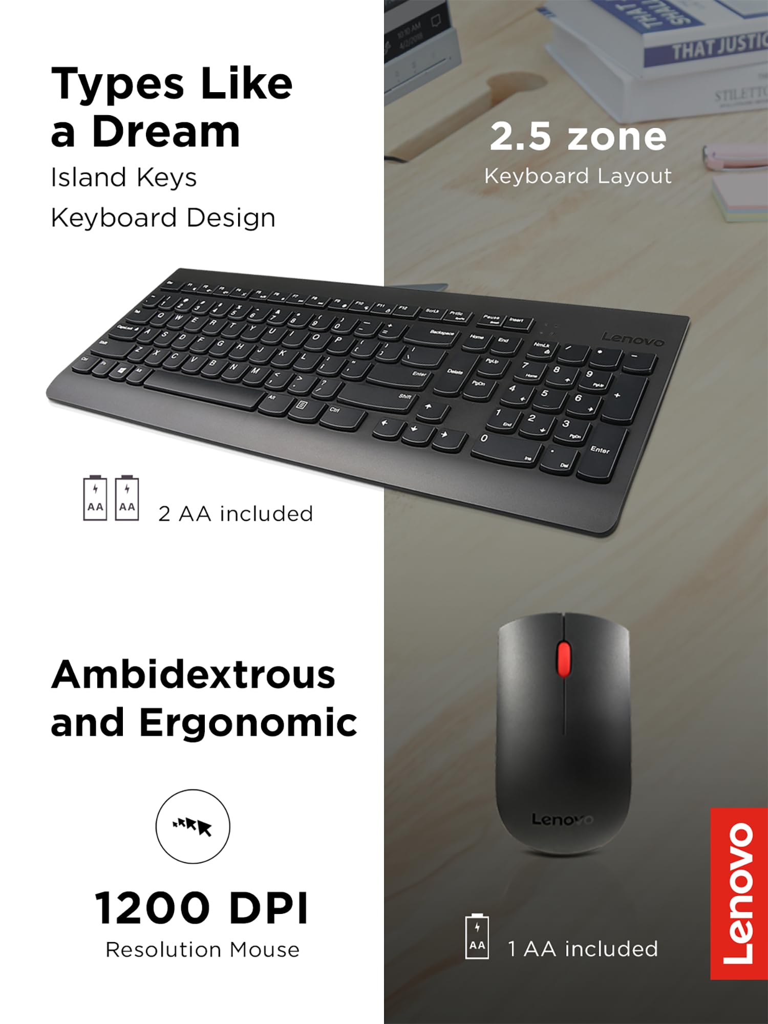 Lenovo 510 Wireless Keyboard & Mouse Combo, 2.4 GHz Nano USB Receiver, Full Size, Island Key Design, Left or Right Hand, 1200 DPI Optical Mouse, GX30N81775, Black